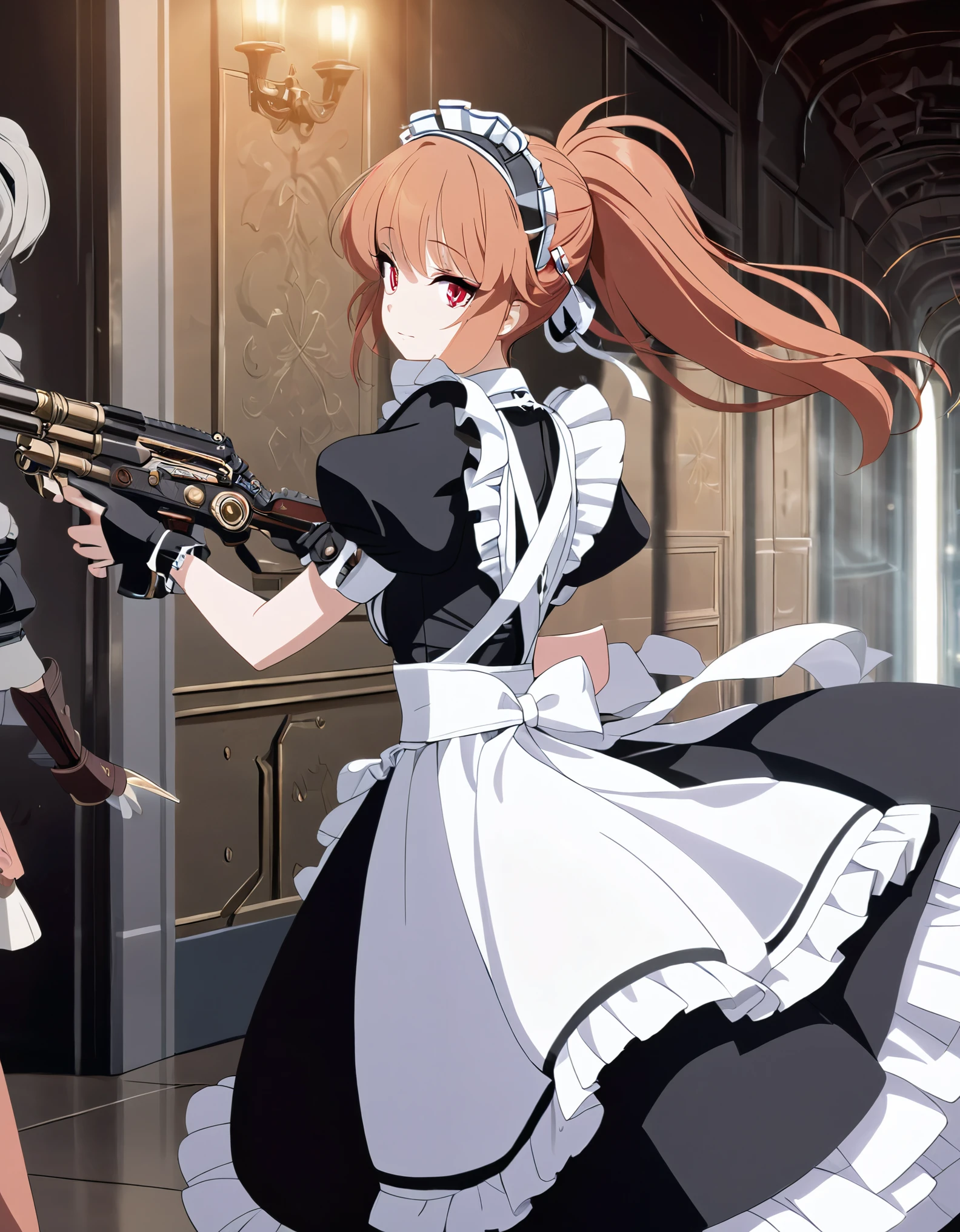 (best quality,4k,8k,highres,masterpiece:1.2),ultra-detailed, (1girl) A cute teenage gunslinger maid with red eyes, drawn in anime style, spiky ginger hair in a long ponytail, protective and caring, victorian fashion, wearing a cute black maid dress with short puffy sleeves, gorgeous dress design,flowing gown,elaborate lace details,rich textures,contrast stitching,delicate ribbon bows,floral accents,full skirt,fitted waistline,lace-up back,luxurious fabrics,flawless silhouette,corset, tactical gear, light armour, petticoat, bloomers, a frilly headband, a frilly white apron, high-heel boots, black and white striped stockings, ribbons, wielding a steampunk gun, steampunk style, guarding a castle hallway, extremely detailed eyes and face,longeyelashes,volumetric lighting,cinematic lighting,protective posture,dramatic close up,highly detailed texture,intricate details.
