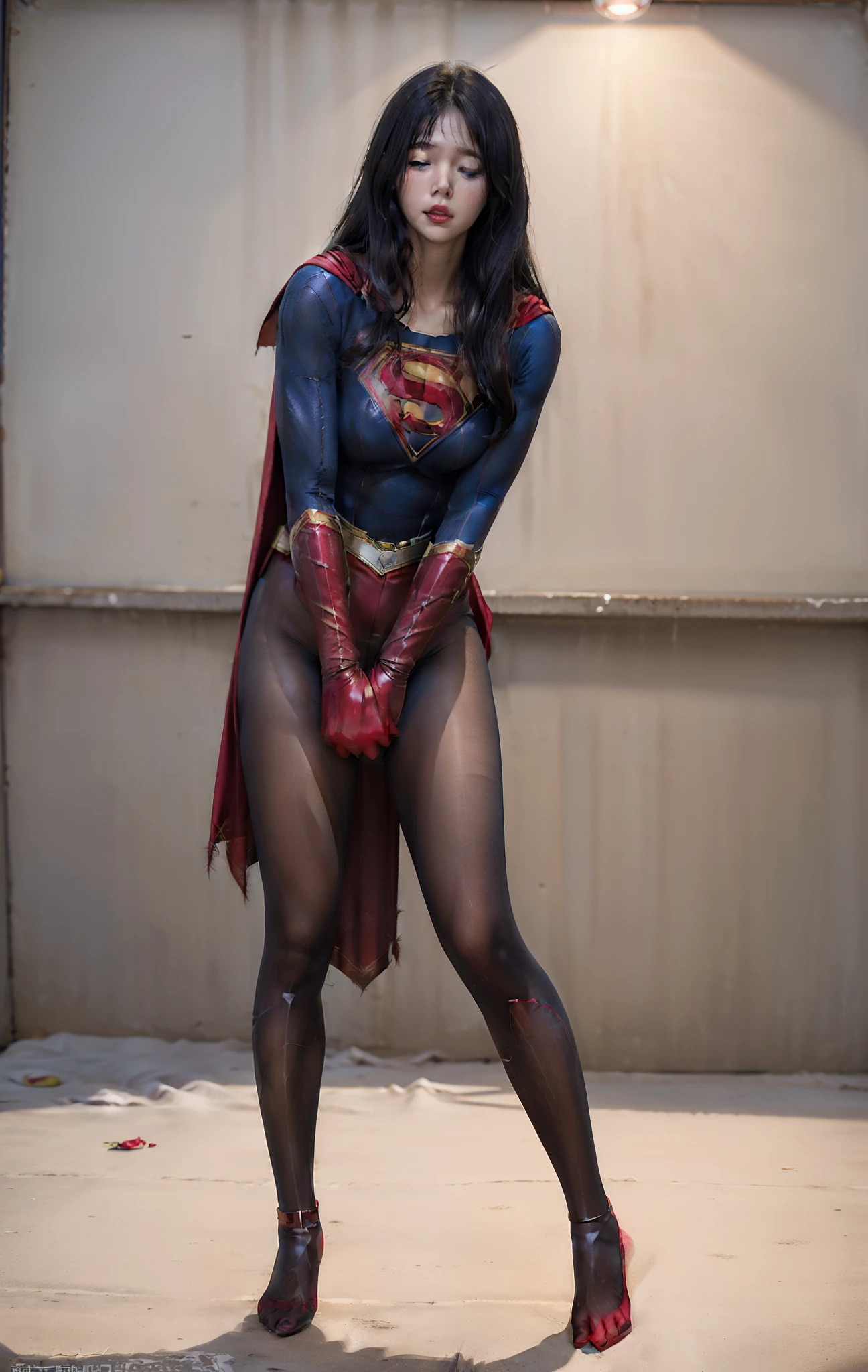 (((Make the most of your original images)))、(((Supergirl Costume)))、(((hang)))、(((close your eyes、Sleeping)))、((bra、weak legs))、(((Downward、Pushed down)))、((obtain))、((suffering))、((Doll condition))、((suffering))、(((Wear red gloves)))、(((Shiny black hair)))