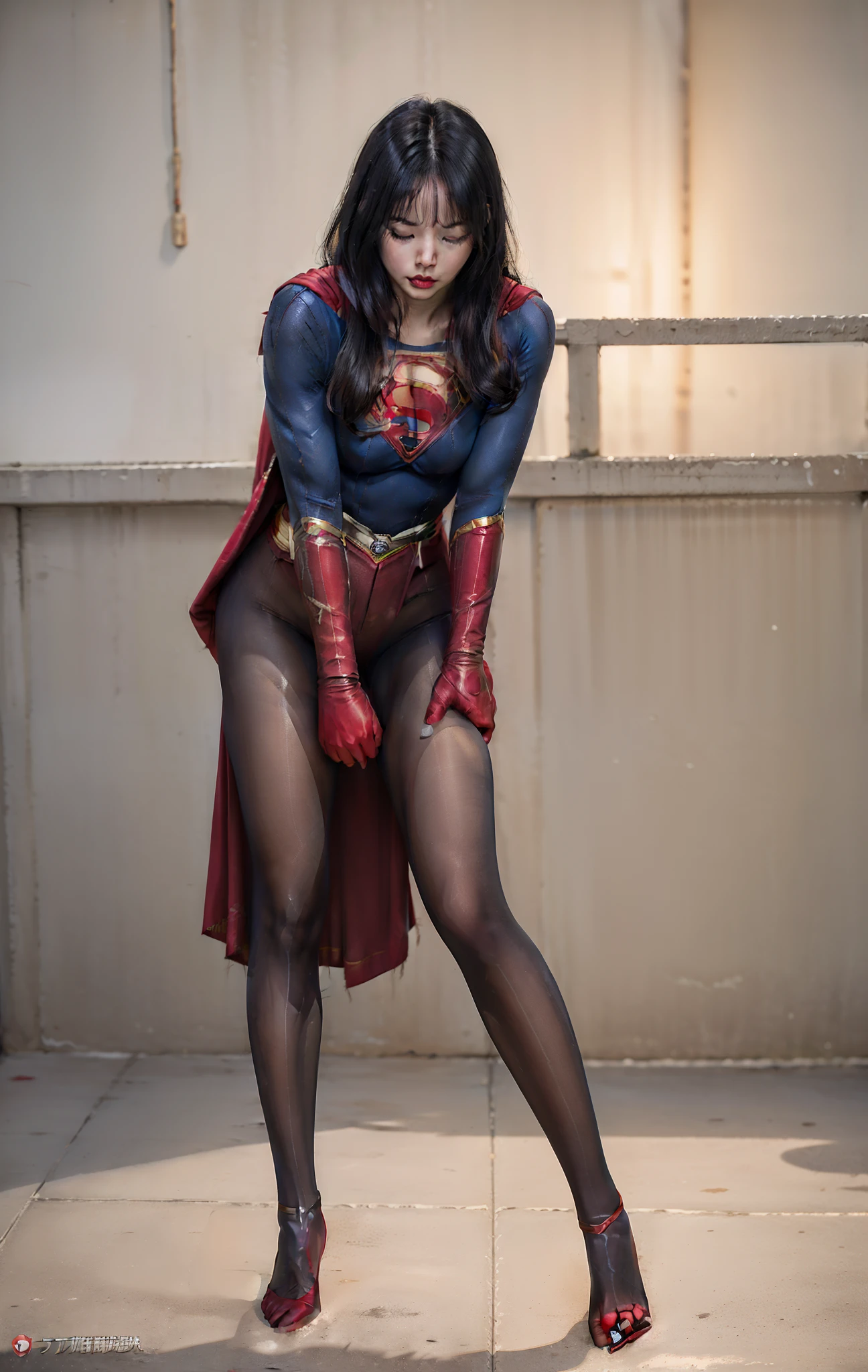 (((Make the most of your original images)))、(((Supergirl Costume)))、(((hang)))、(((close your eyes、Sleeping)))、((bra、weak legs))、(((Downward、Pushed down)))、((obtain))、((suffering))、((Doll condition))、((suffering))、(((Wear red gloves)))、(((Shiny black hair)))