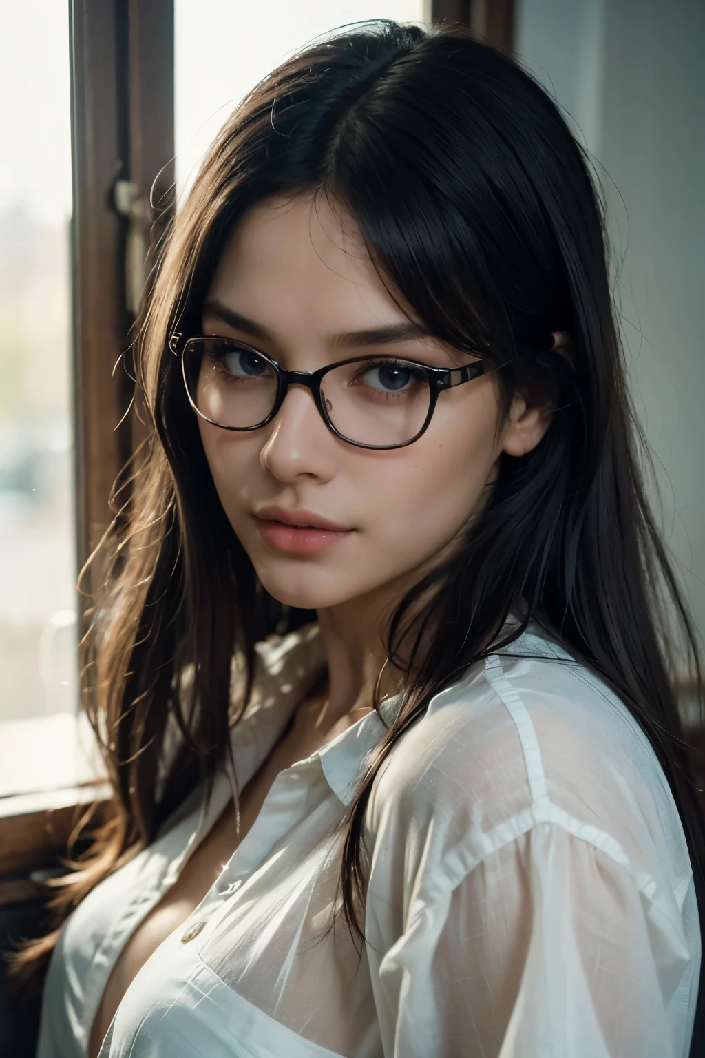 (best quality:1.4),masterpiece,ultra-detailed,delicate features,delicate skin,realism,beautiful lighting,cowboy shot,1girl,black hair ,blues eyes ,tareme,long hair,gleaming skin,glasses, oversized shirt