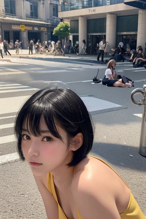 (High resolution:1.3), (16k, Photorealistic, Raw photo, Best image quality: 1.4), Japanese, (One Girl), Beautiful Face, (A vivid face), (Black-haired、short hair:1.3), Beautiful Hairstyles, Realistic eyes, Beautifully detailed eyes, (Realistic Skin), Beautiful skins, attractive, 超A high resolution, Surreal, High detail, Golden Ratio, Highly detailed cute girl,(20-year-old),  Pedestrian precinct、Daytime、(Many passers-by:2.0)