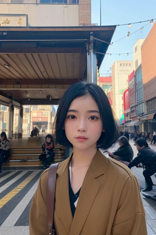 (High resolution:1.3), (16k, Photorealistic, Raw photo, Best image quality: 1.4), Japanese, (One Girl), Beautiful Face, (A vivid face), (Black-haired、short hair:1.3), Beautiful Hairstyles, Realistic eyes, Beautifully detailed eyes, (Realistic Skin), Beautiful skins, attractive, 超A high resolution, Surreal, High detail, Golden Ratio, Highly detailed cute girl,(20-year-old), Pedestrian precinct、Daytime、(Many passers-by:2.0)