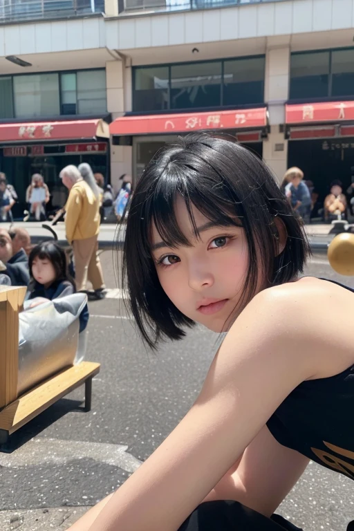 (High resolution:1.3), (16k, Photorealistic, Raw photo, Best image quality: 1.4), Japanese, (One Girl), Beautiful Face, (A vivid face), (Black-haired、short hair:1.3), Beautiful Hairstyles, Realistic eyes, Beautifully detailed eyes, (Realistic Skin), Beautiful skins, attractive, 超A high resolution, Surreal, High detail, Golden Ratio, Highly detailed cute girl,(20-year-old), Pedestrian precinct、Daytime、(Many passers-by:2.0)