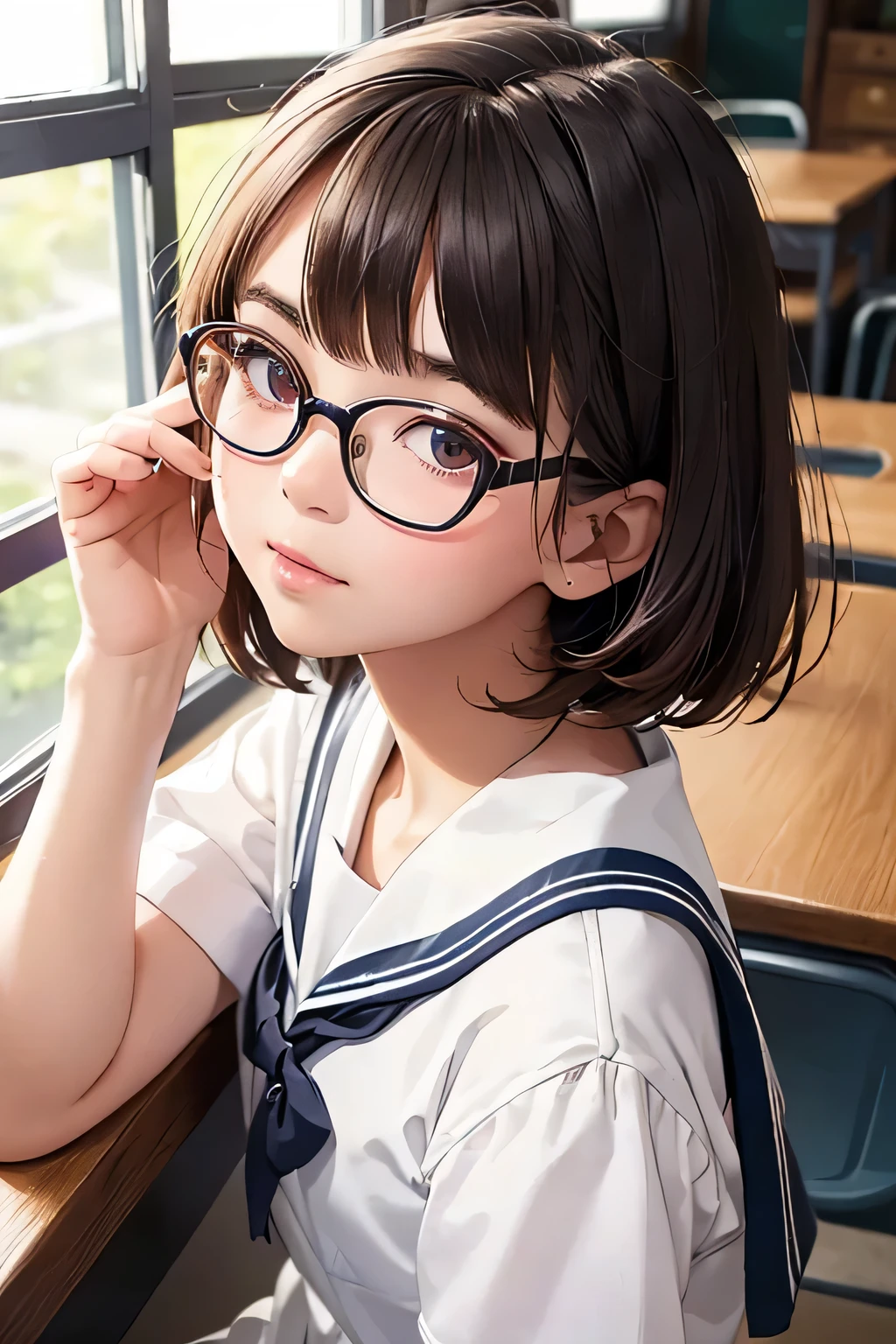 highest quality、High resolution、Detailed Background、(Beautiful face in every detail:1.4)、Anatomically correct、Cute hair colour、Bobcut、Teenage Girl、Glasses、Sailor suit、classroom、(A girl looking back from directly below.4)、Cute gestures