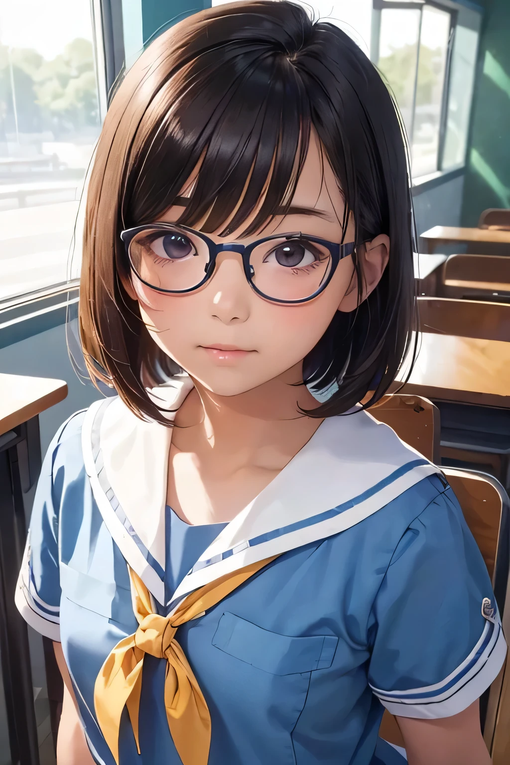 highest quality、High resolution、Detailed Background、(Beautiful face in every detail:1.4)、Anatomically correct、Cute hair colour、Bobcut、Teenage Girl、Glasses、Sailor suit、classroom、(A girl looking back from directly below.4)、Cute gestures