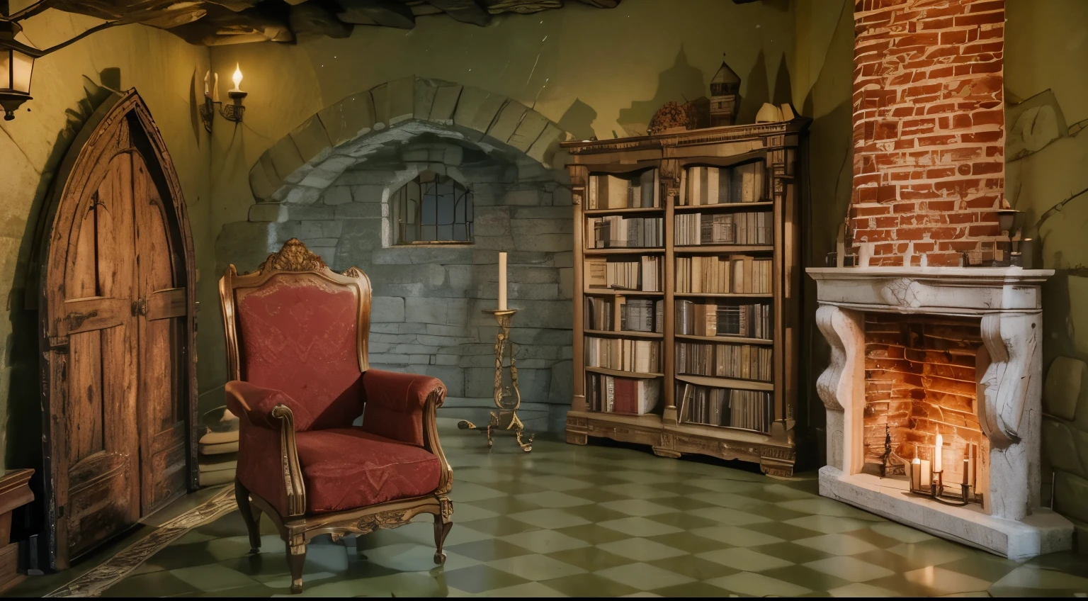 A cozy old castle room at night, wirh chess floor style, a classic castle fireplace aside, a confortable trone chair, a clastle door, a bookshelf, a candle , and other realistics 3d cozy ambient of a castle at night
