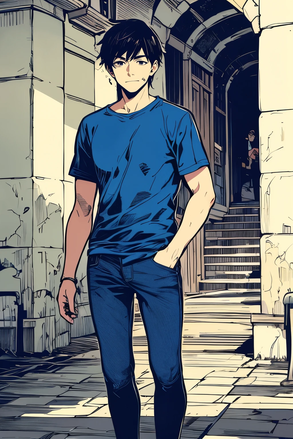 portrait, 22 years guy, casual clothes, blue shirt, jeans, alone, light, day, university campus