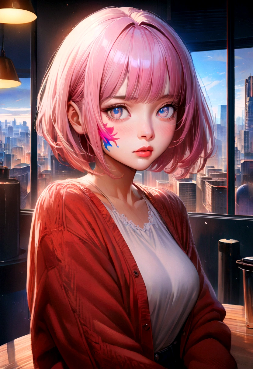 1 girl, anime style, short pink hair, bob haircut, detailed facial features, beautiful eyes, detailed lips, perplexed expression, casual clothes, metropolis background, bold outline, relaxing atmosphere, best quality, 8k, high resolution, masterpiece, ultra-detailed, realistic, vivid colors, studio lighting