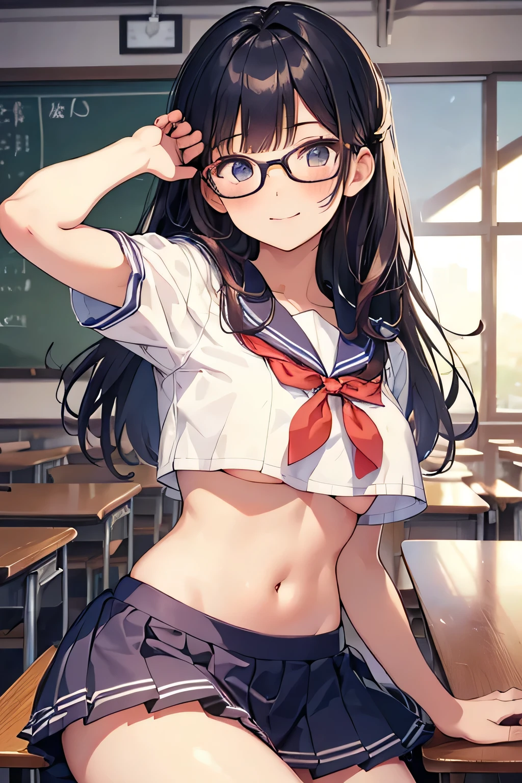 highest quality、High resolution、Detailed Background、(Beautiful face in every detail:1.4)、Anatomically correct、Cute hair colour、age Girl、Glasses、Sailor suit、classroom、(A girl looking back from directly below.4)、(Underboob:1.2)、Cute gestures、A big smile