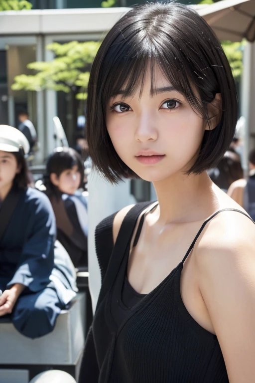 (High resolution:1.3), (16k, Photorealistic, Raw photo, Best image quality: 1.4), Japanese, (One Girl), Beautiful Face, (A vivid face), (Black-haired、short hair:1.3), Beautiful Hairstyles, Realistic eyes, Beautifully detailed eyes, (Realistic Skin), Beautiful skins, attractive, 超A high resolution, Surreal, High detail, Golden Ratio, Highly detailed cute girl,(20-year-old), Tokyo、Omotesando、Daytime、(Many passers-by:2.0), (Off the shoulder:1.5)(Nipples:1.5)