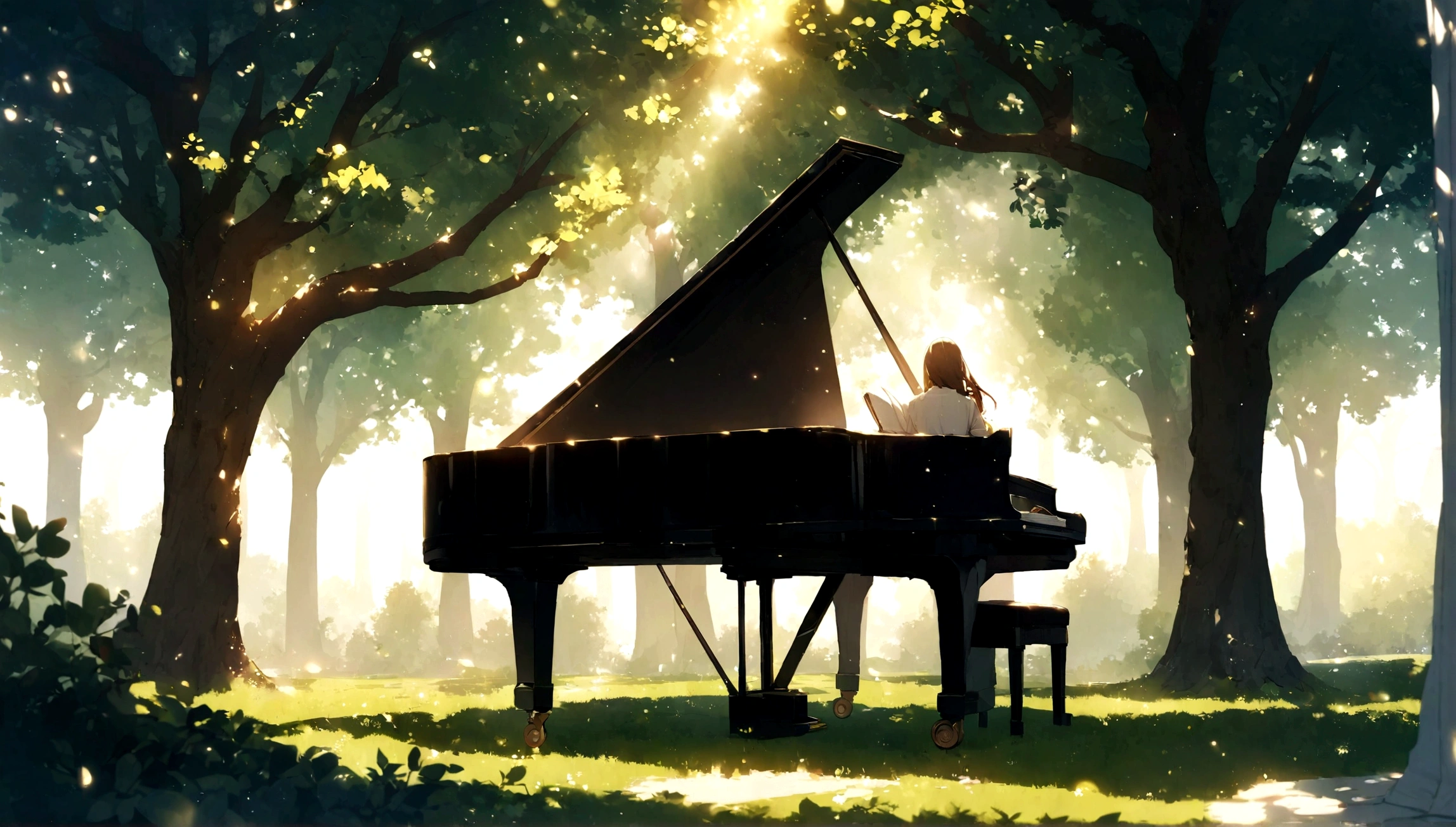 1A grand piano placed under a large book tree、The sunlight filtering through the trees makes it sparkle.