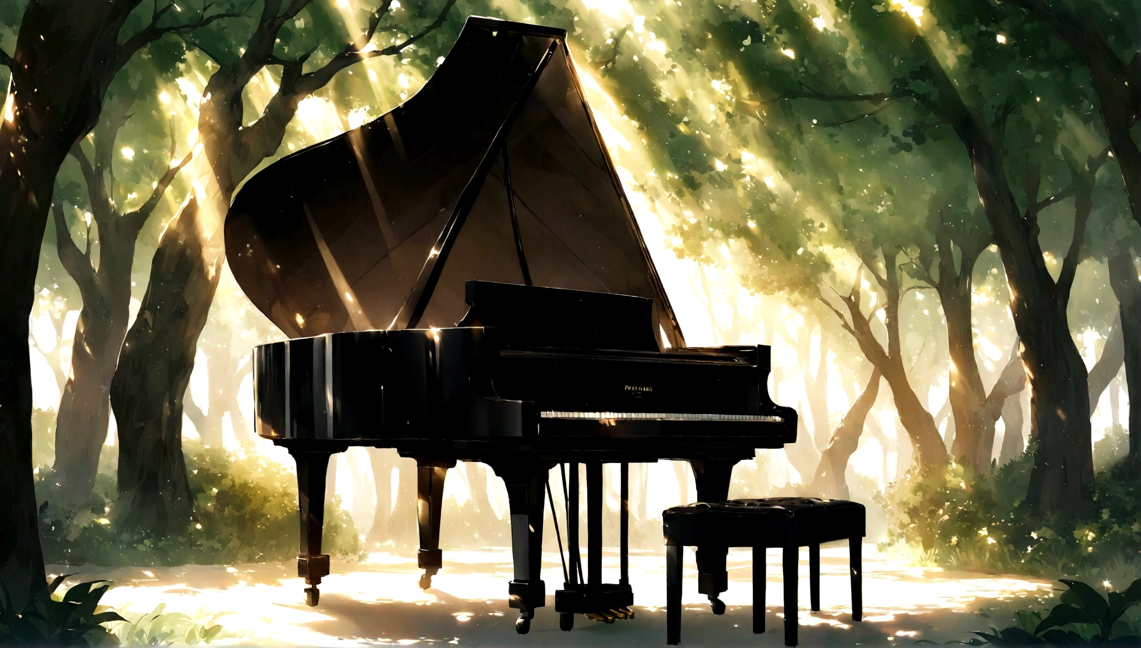 １A grand piano placed under a large book tree、The sunlight filtering through the trees makes it sparkle.