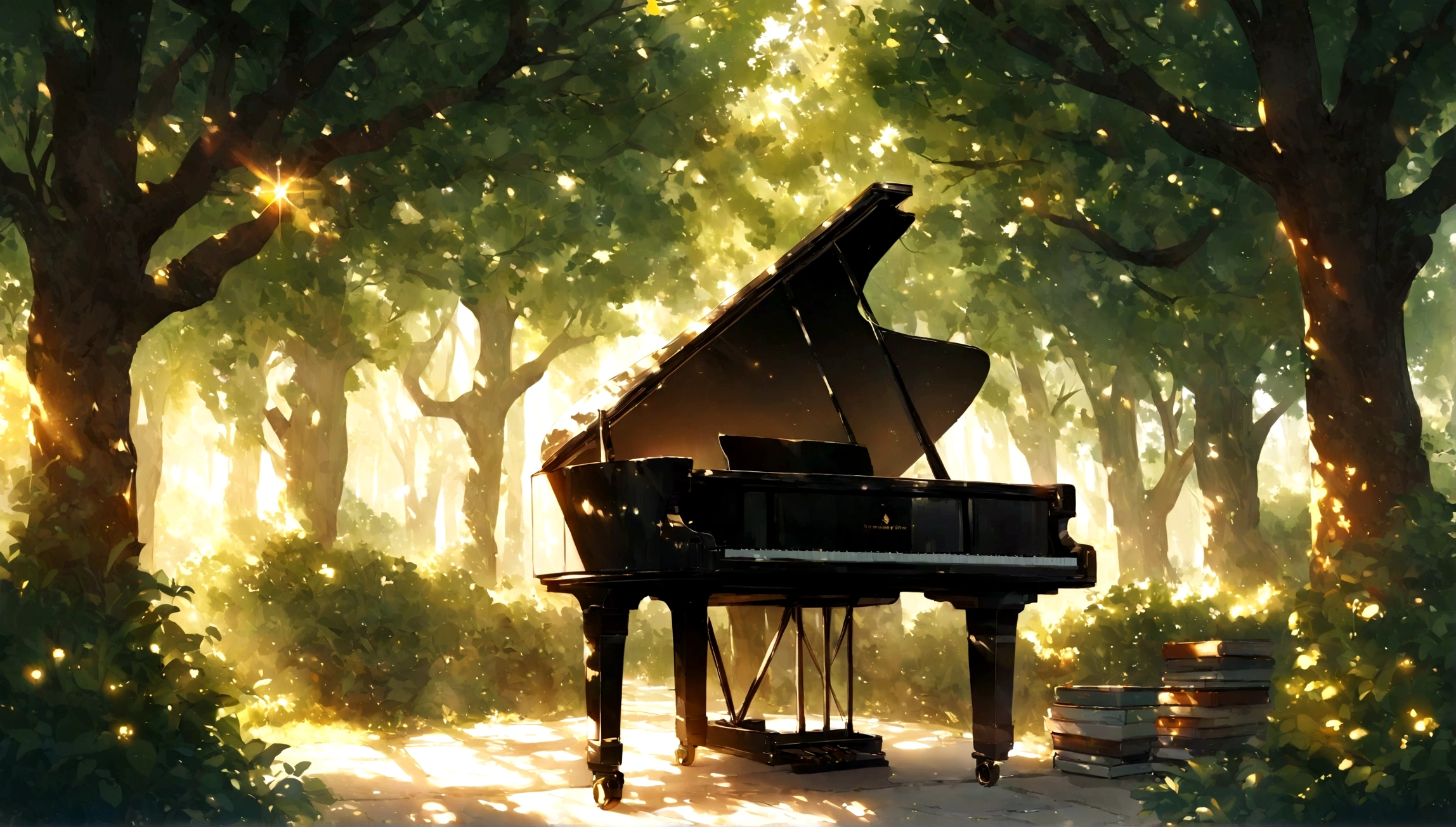 1A grand piano placed under a large book tree、The sunlight filtering through the trees makes it sparkle.