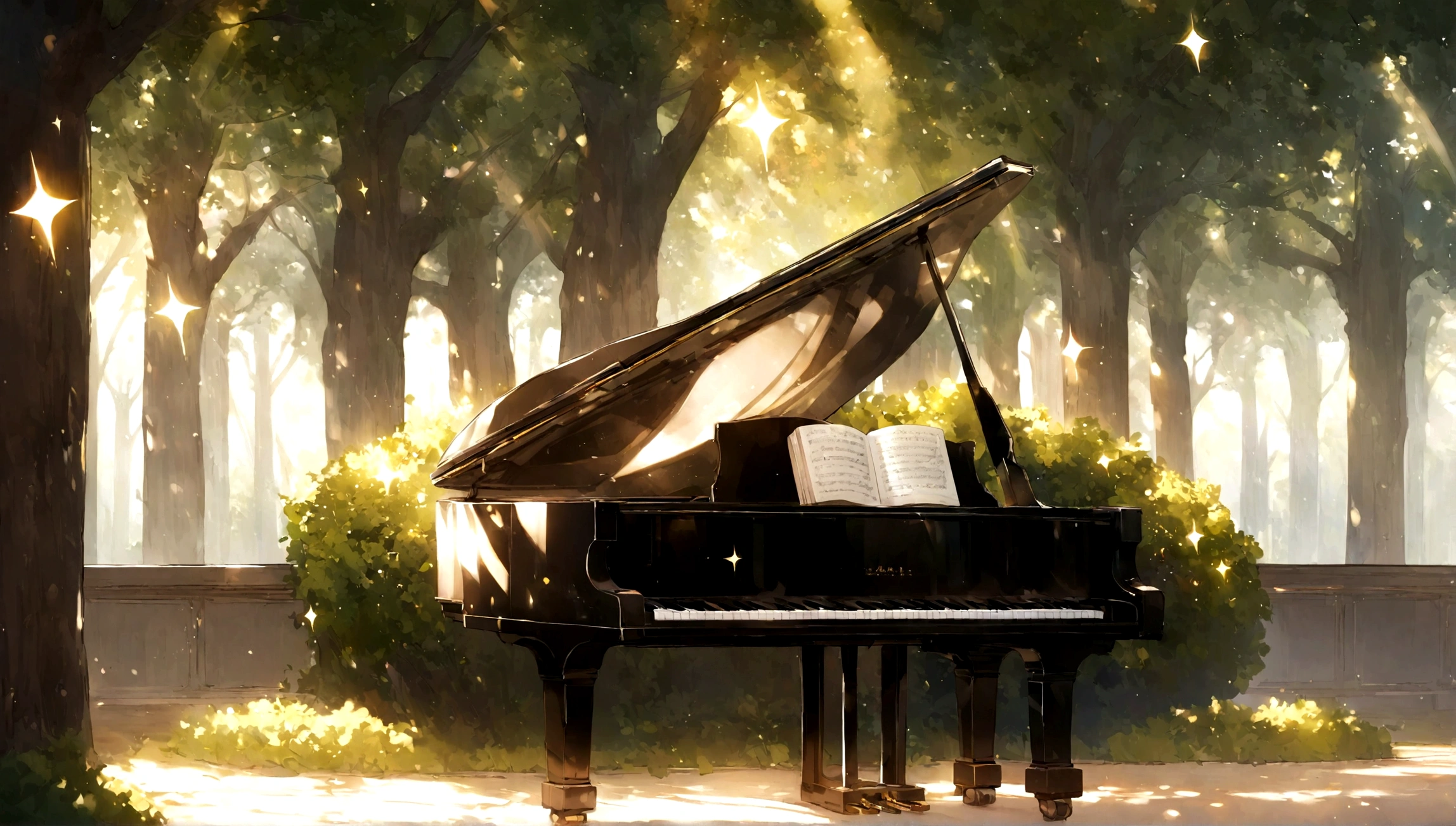 1A grand piano placed under a large book tree、The sunlight filtering through the trees makes it sparkle.
