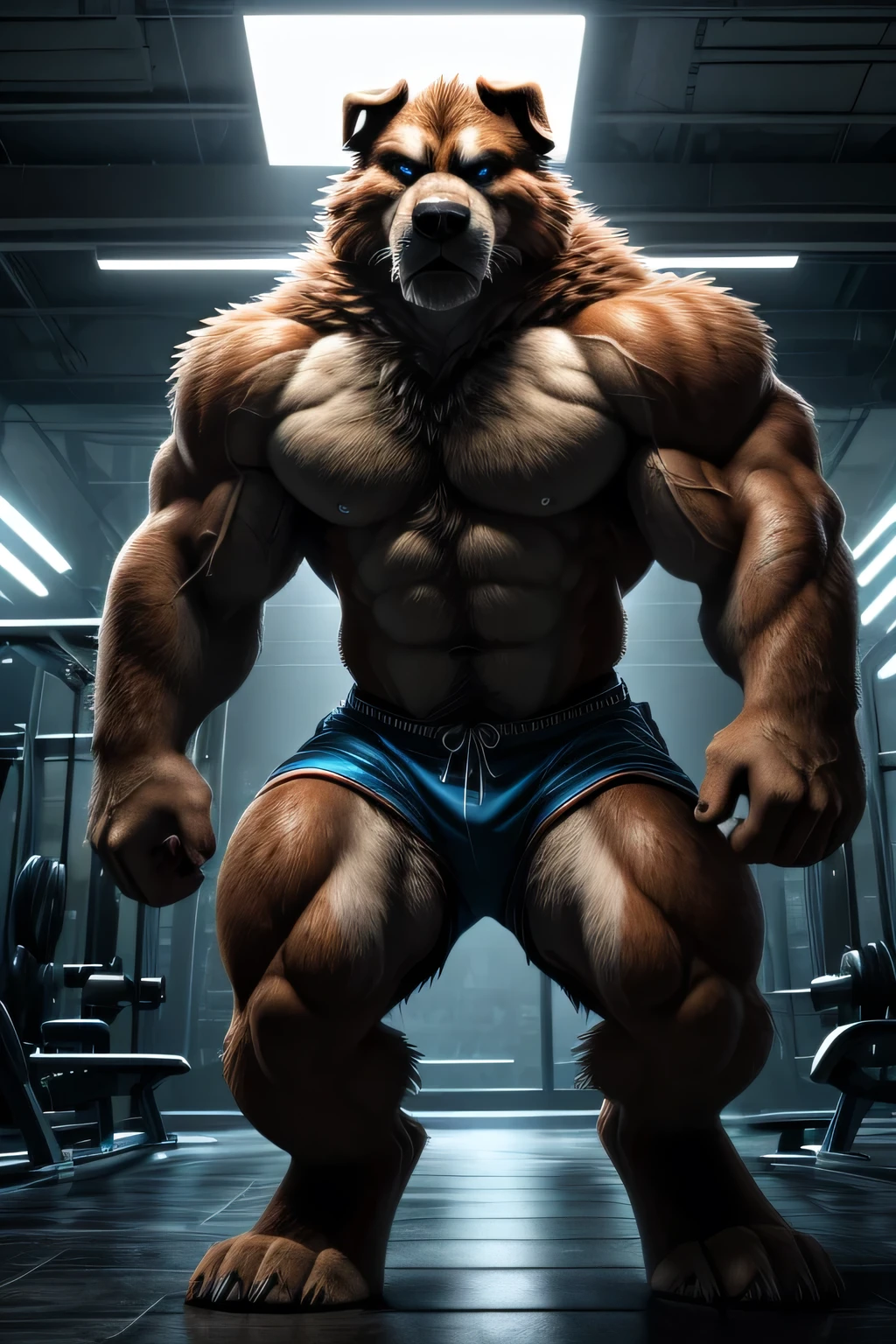 2d digital drawing, a shirtless muscular Saint Bernard dog male with huge buff muscles wearing black gym shorts and black gym shoes, doing 300 biceps curls at the gym intensely, (best quality,4k,8k,highres,masterpiece:1.2),ultra-detailed,(realistic,photorealistic,photo-realistic:1.37),extremely detailed muscles and veins,incredibly detailed fur, extremely detailed eyes, extremely detailed face, extremely detailed paws, extremely detailed physique, extremely muscular,insanely ripped, chiseled physique, powerful, intense, hardcore, gritty, dramatic lighting, dynamic pose, action shot, powerful, strong, masculine, hyper detailed, photorealistic, 8k, lifelike, cinematic, dramatic (Detailed blue eyes), Browster, a high resolution, Best quality), 4k,(by takemoto arashi).