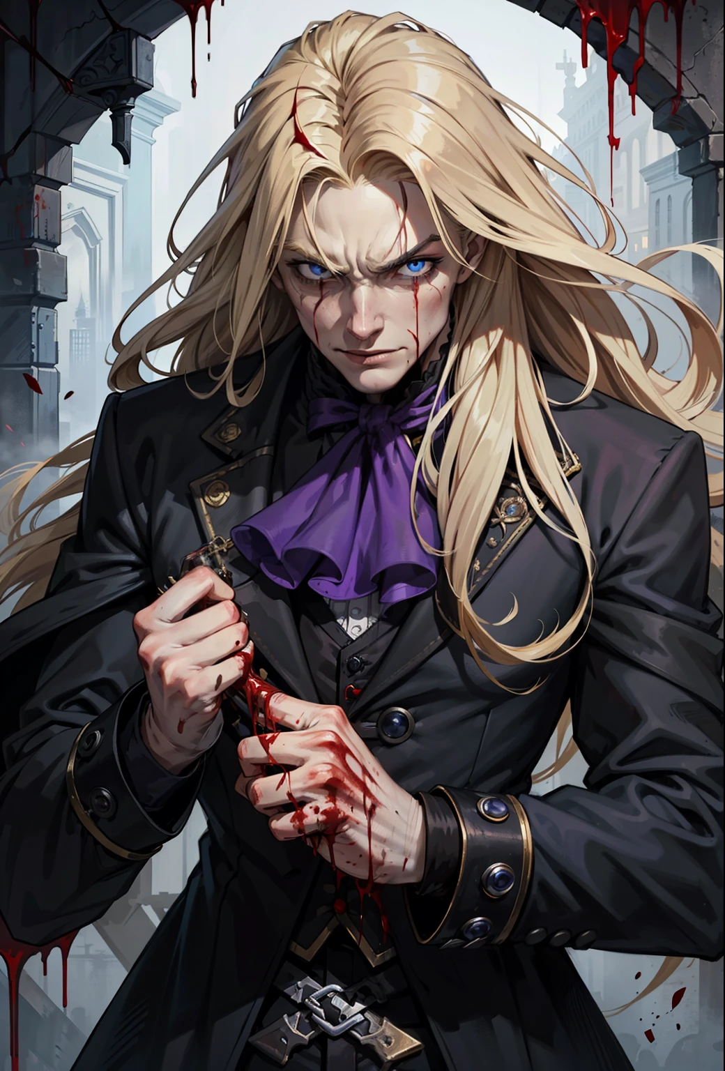 (masculine), (horrifying,shocking),blood-spattered man, male covered in blood,long flowing blond hair, , ((paled skin)) ,expressive eyes,dramatic lighting,gritty and intense,horror portrait,violent,splattered blood,dark and haunting background,close-up of face and body,bloody handprints,terrifying aura,macabre,vivid colors,high contrast, blue eyes, bloddy, masacre, androgynous, perfect face, evil smile, insane, crazy, Black coat, black suit, one young male, beautiful long hair, blond hair, blue eyes, purple victorian shirt, purple jabot, beautiful face, highest quality, wild fighting stance, blood everywhere