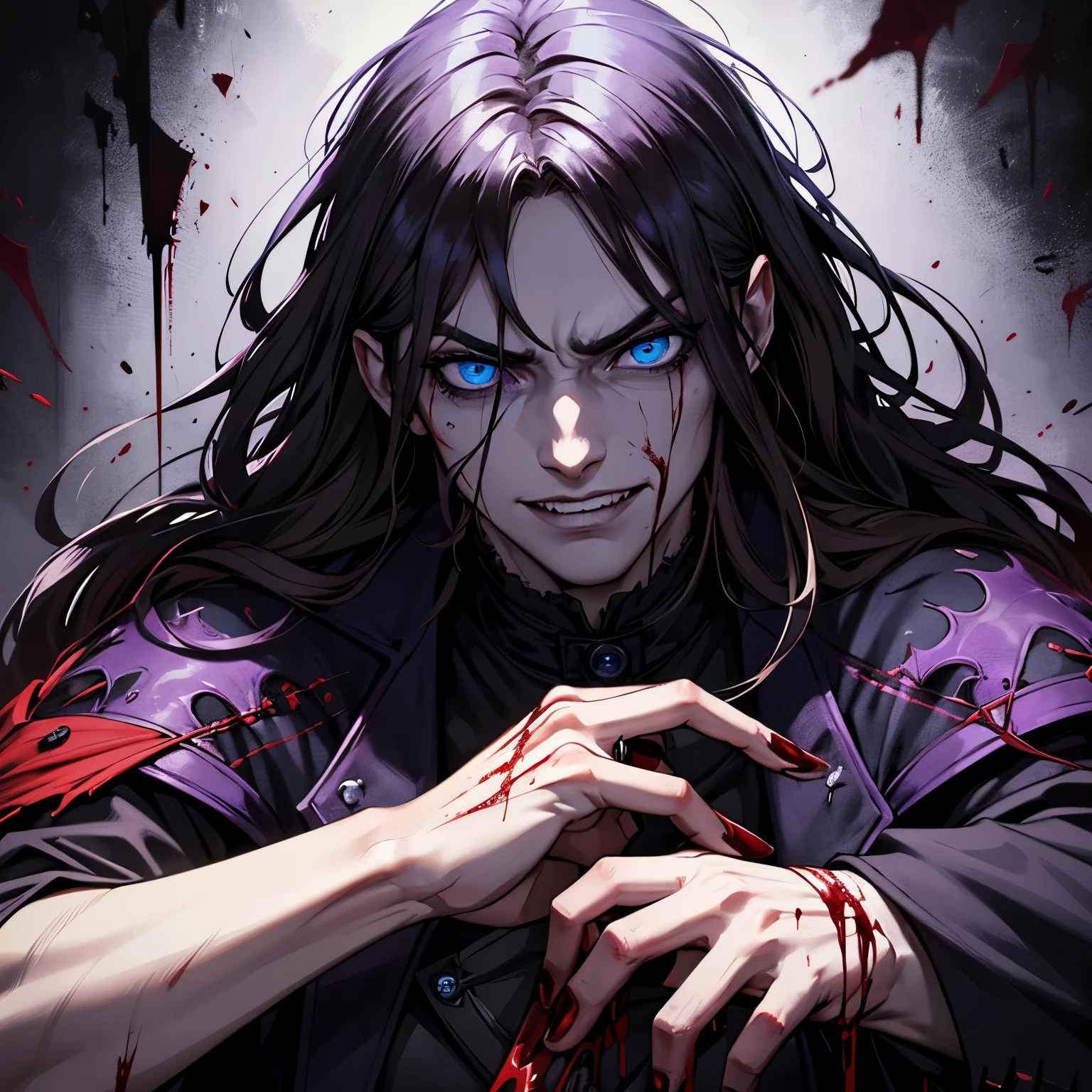 (masculine), (horrifying,shocking),blood-spattered man, male covered in blood,long flowing blond hair, , ((paled skin)) ,expressive eyes,dramatic lighting,gritty and intense,horror portrait,violent,splattered blood,dark and haunting background,close-up of face and body,bloody handprints,terrifying aura,macabre,vivid colors,high contrast, blue eyes, bloddy, masacre, androgynous, perfect face, evil smile, insane, crazy, Black coat, black suit, one young male, beautiful long hair, blond hair, blue eyes, purple victorian shirt, purple jabot, beautiful face, highest quality, wild fighting stance, blood everywhere