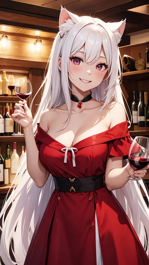 Tavern、Red dress、Hold a wine glass in one hand、Off the shoulder、Long white hair、Cat ear、Double teeth、smile、Front facing、The chest is open