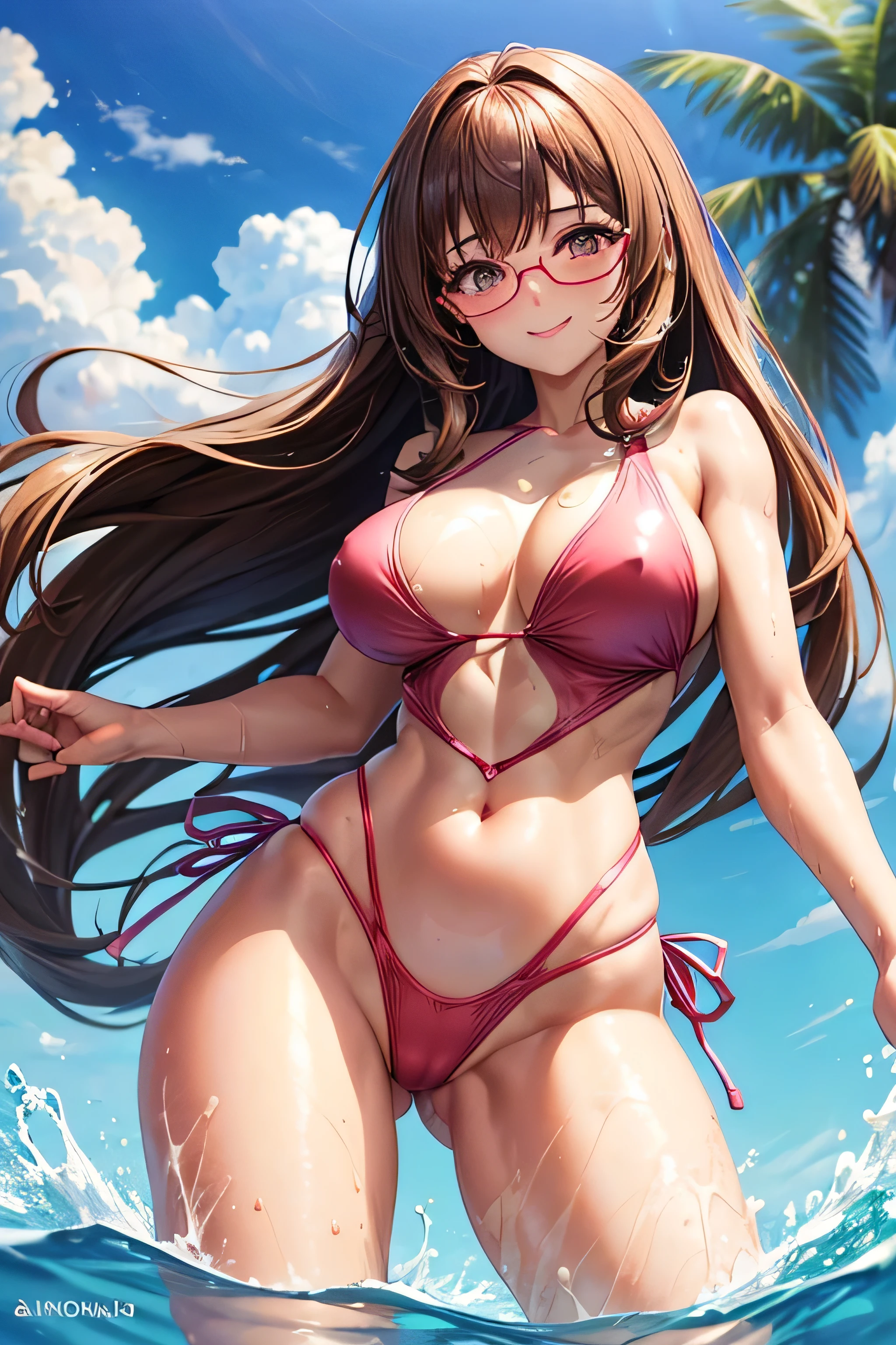 (Very detailed, highest quality, Anatomically perfect body), One girl, Anime Girls, Brown long hair, Brown eyes, Pink Glasses,heart shaped pupils,Sunburned skin, Large Breasts,beautiful breasts,pointy breasts,(Big Ass),gold highleg swimsuit,swimming,(open legs),smile,(In the water:1.1),Dynamic pose,