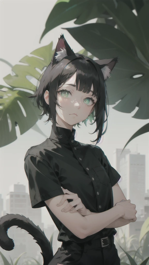 absurdres, best quality, androgynous, solo, looking at viewer, (love: 1), (horny:0.75), (hand on own arm:0.5), cuff links, black shirt, black hair shading green, blunt bangs, closed mouth, hair flaps, short sleeves, solid circle pupils, green eyes, cat ears, cat tail.