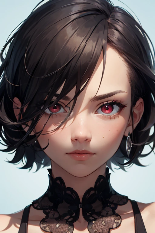 ((best quality)), ((masterpiece)), (detailed), perfect face, adult women, upper body, beautiful detailed eyes, red eyes, (star shape pupils:0.1), arrogant face, (lips:0.5), medium hair, straight hair, (short bang:1.4), black hair, skinny, light blue background, extremely detailed face, Sharp focus, looking at viewer