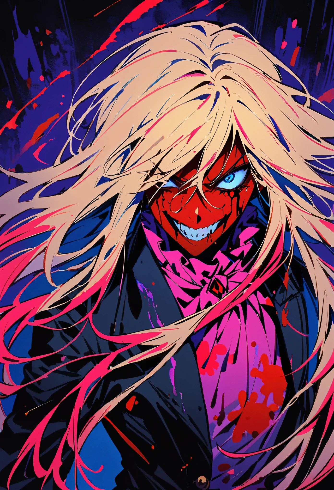 (masculine), (horrifying,shocking),blood-spattered man, male covered in blood,long flowing blond hair, , ((paled skin)) ,expressive eyes,dramatic lighting,gritty and intense,horror portrait,violent,splattered blood,dark and haunting background,close-up of face and body,bloody handprints,terrifying aura,macabre,vivid colors,high contrast, blue eyes, bloddy, masacre, androgynous, perfect face, evil smile, insane, crazy, Black coat, black suit, one young male, beautiful long hair, blond hair, blue eyes, purple victorian shirt, purple jabot, beautiful face, highest quality, wild fighting stance, blood everywhere