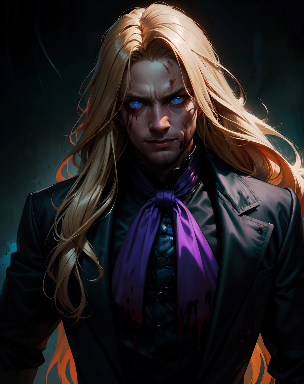 (masculine), (horrifying,shocking),blood-spattered man, male covered in blood,long flowing blond hair, , ((paled skin)) ,expressive eyes,dramatic lighting,gritty and intense,horror portrait,violent,splattered blood,dark and haunting background,close-up of face and body,bloody handprints,terrifying aura,macabre,vivid colors,high contrast, blue eyes, bloddy, masacre, androgynous, perfect face, evil smile, insane, crazy, Black coat, black suit, one young male, beautiful long hair, blond hair, blue eyes, purple victorian shirt, purple jabot, beautiful face, highest quality, wild fighting stance, blood everywhere