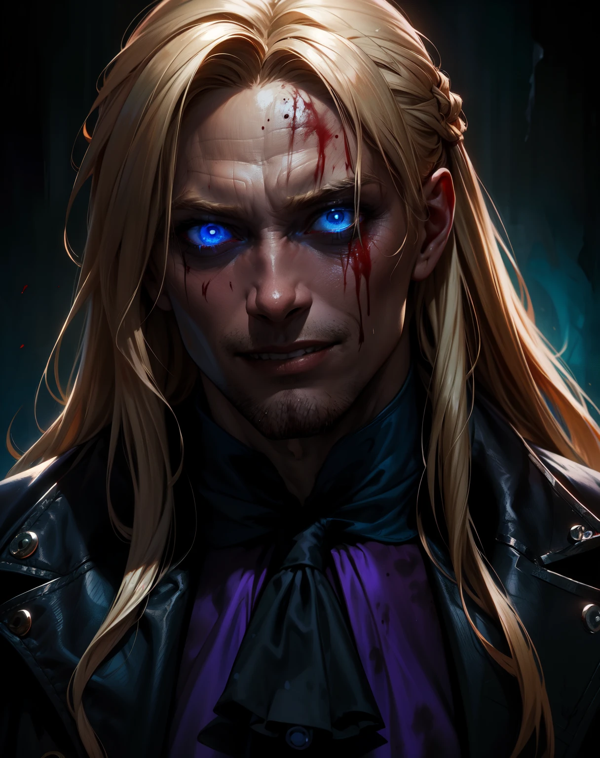 (masculine), (horrifying,shocking),blood-spattered man, male covered in blood,long flowing blond hair, , ((paled skin)) ,expressive eyes,dramatic lighting,gritty and intense,horror portrait,violent,splattered blood,dark and haunting background,close-up of face and body,bloody handprints,terrifying aura,macabre,vivid colors,high contrast, blue eyes, bloddy, masacre, androgynous, perfect face, evil smile, insane, crazy, Black coat, black suit, one young male, beautiful long hair, blond hair, blue eyes, purple victorian shirt, purple jabot, beautiful face, highest quality, wild fighting stance, blood everywhere