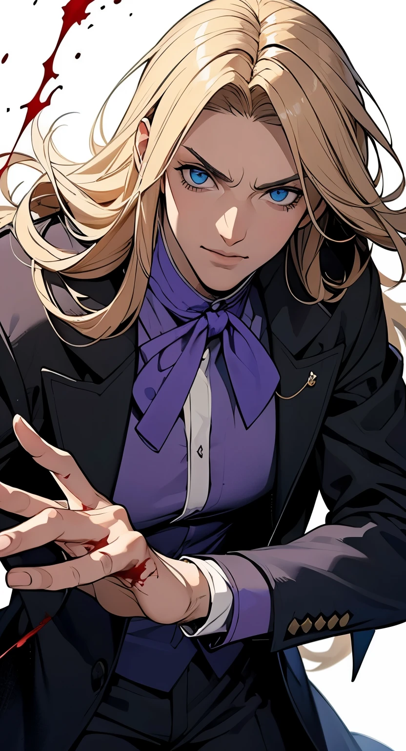 (masculine), (horrifying,shocking),blood-spattered man, male covered in blood,long flowing blond hair, , ((paled skin)) ,expressive eyes,dramatic lighting,gritty and intense,horror portrait,violent,splattered blood,dark and haunting background,close-up of face and body,bloody handprints,terrifying aura,macabre,vivid colors,high contrast, blue eyes, bloddy, masacre, androgynous, perfect face, evil smile, insane, crazy, Black coat, black suit, one young male, beautiful long hair, blond hair, blue eyes, purple victorian shirt, purple jabot, beautiful face, highest quality, wild fighting stance, blood everywhere