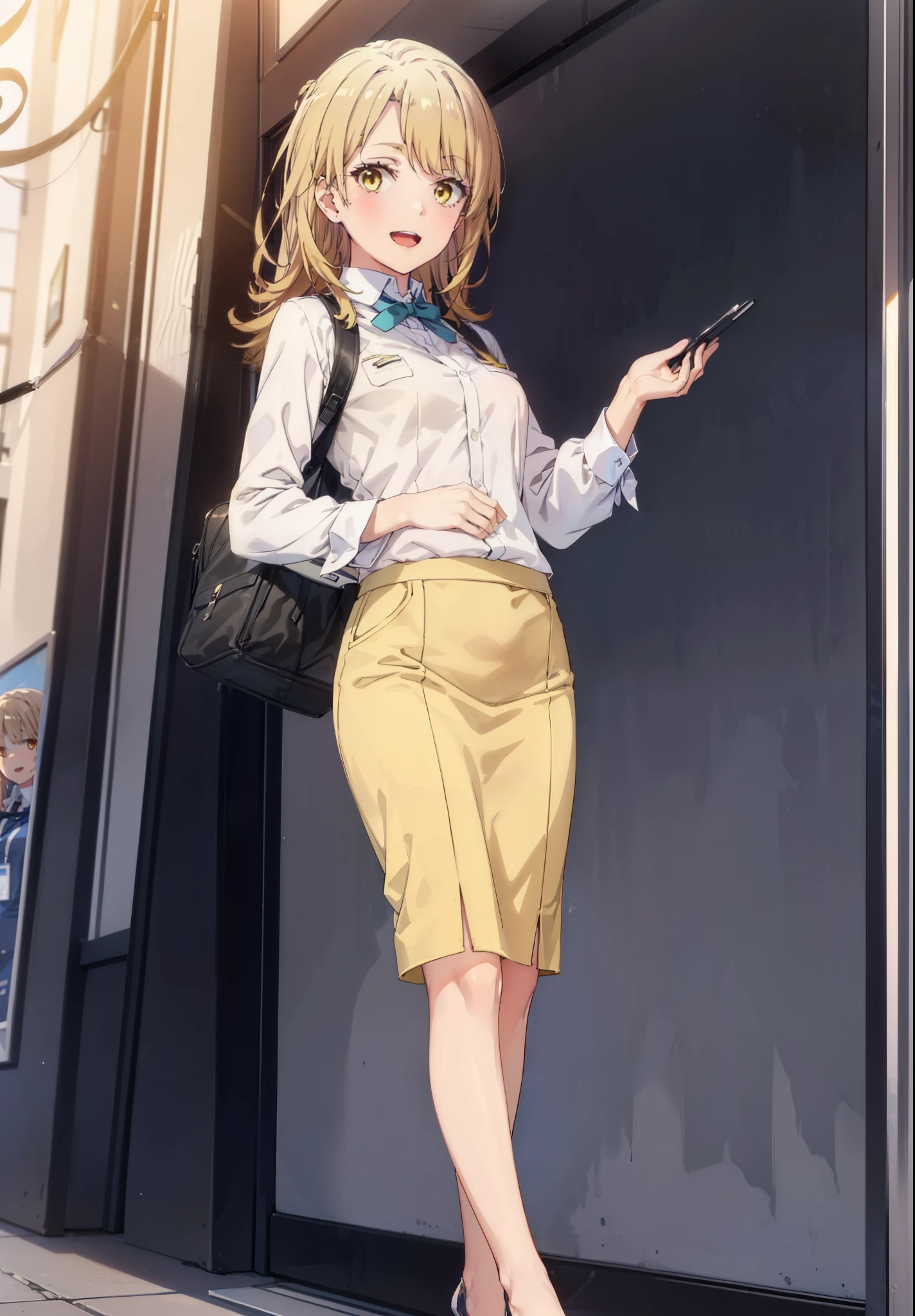 irohaisshiki, iroha isshiki, Long Hair, Brown Hair, (Brown eyes:1.5),stewardess,happy smile, smile, Open your mouth,Yellow Uniform,Yellow pencil skirt,Black pantyhose,Stiletto heels,Walking,whole bodyがイラストに入るように,
break indoors, 旅客機内
break looking at viewer,whole body,
break (masterpiece:1.2), highest quality, High resolution, unity 8k wallpaper, (figure:0.8), (Beautiful fine details:1.6), Highly detailed face, Perfect lighting, Highly detailed CG, (Perfect hands, Perfect Anatomy),