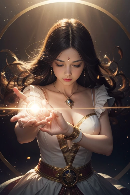 magician, Magical girl, Mysterious look, Magic wand, magic circle, Attractive costume, Mysterious Background, Best Shadow, Particles of light, Light Wave, Magic spells, Soft and dreamy light, Fantasy atmosphere, swirling energy, Pulsating aura, Glowing Rune, floating, Casting a Spell, hold your hand against the light, (masterpiece), (highest quality), (Ultra-high resolution),