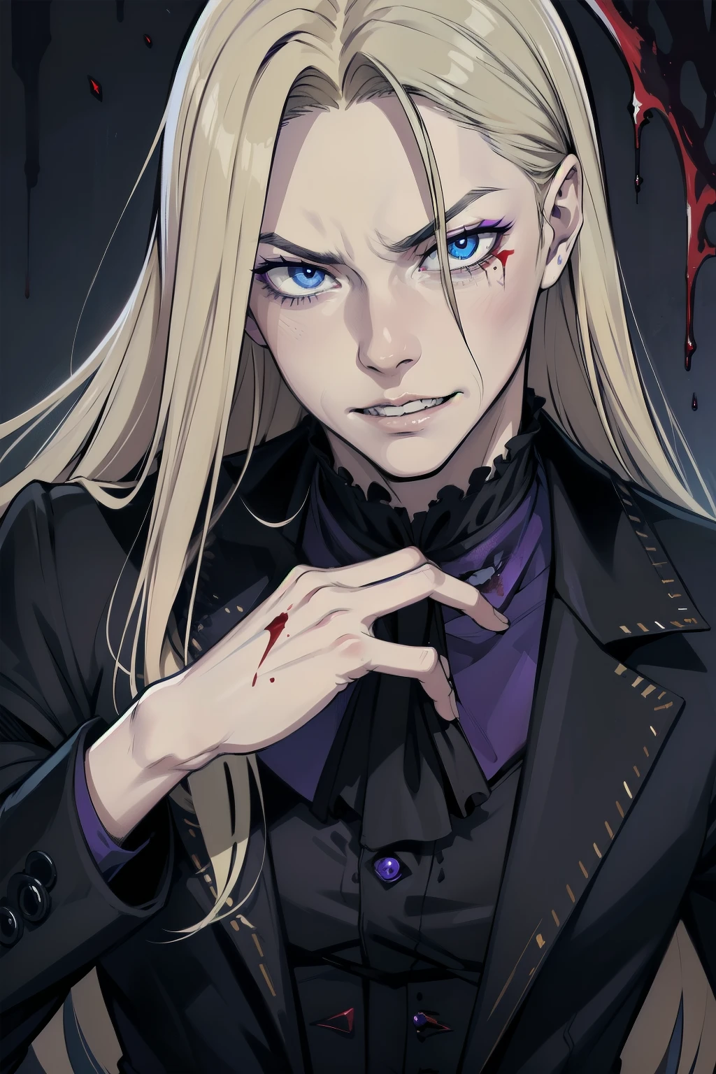 (masculine), (horrifying,shocking),blood-spattered man, male covered in blood,long flowing blond hair, , ((paled skin)) ,expressive eyes,dramatic lighting,gritty and intense,horror portrait,violent,splattered blood,dark and haunting background,close-up of face and body,bloody handprints,terrifying aura,macabre,vivid colors,high contrast, blue eyes, bloddy, masacre, androgynous, perfect face, evil smile, insane, crazy, Black coat, black suit, one young male, beautiful long hair, blond hair, blue eyes, purple victorian shirt, purple jabot, beautiful face, highest quality, wild fighting stance, blood everywhere