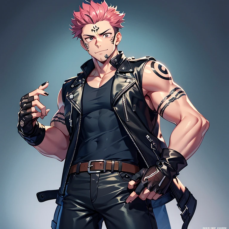 (masterpiece, best quality:1.2), cowboy shot, 1boy, sukuna, leather fingerless gloves, tattoo_on_his_face, manly, full body, biker, pink hair, intricate details, utra detailed, black leather, muscular mature male, eye focus, biker jacket, anatomically correct, tattoo_ryoumen,