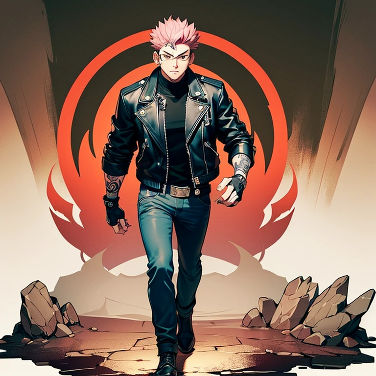 (masterpiece, best quality:1.2), cowboy shot, 1boy, sukuna, leather fingerless gloves, tattoo_on_his_face, manly, full body, biker, pink hair, intricate details, utra detailed, black leather, muscular mature male, eye focus, biker jacket, anatomically correct, tattoo_ryoumen,