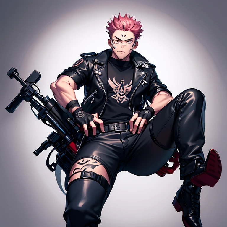 (masterpiece, best quality:1.2), cowboy shot, 1boy, sukuna, leather fingerless gloves, tattoo_on_his_face, manly, full body, biker, pink hair, intricate details, utra detailed, black leather, muscular mature male, eye focus, biker jacket, anatomically correct, tattoo_ryoumen,
