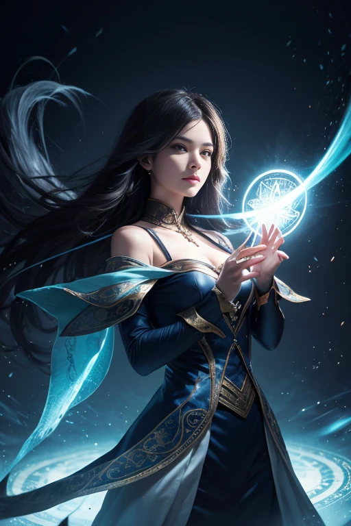 magician, Magical girl, Mysterious look, Magic wand, magic circle, Attractive costume, Mysterious Background, Best Shadow, Particles of light, Light Wave, Magic spells, Soft and dreamy light, Fantasy atmosphere, swirling energy, Pulsating aura, Glowing Rune, floating, Casting a Spell, hold your hand against the light, (masterpiece), (highest quality), (Ultra-high resolution),