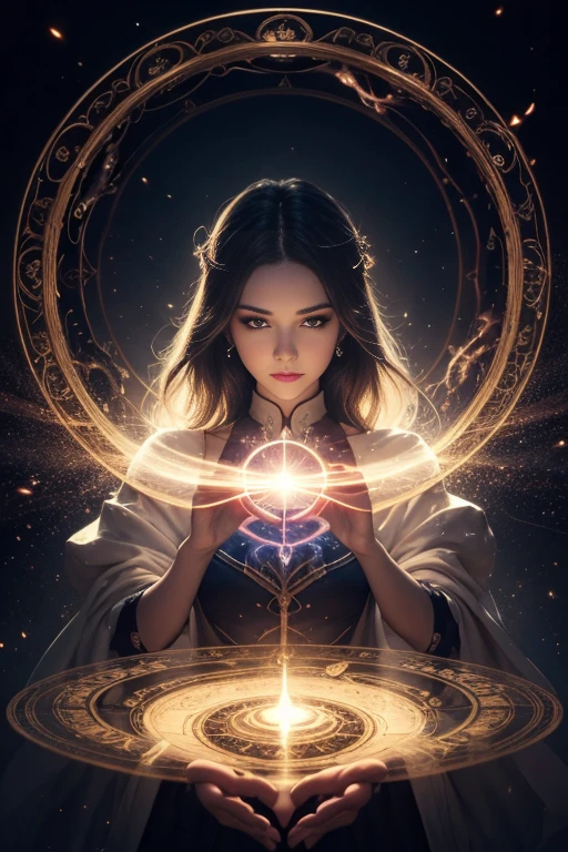 magician, Magical girl, Mysterious look, Magic wand, magic circle, Attractive costume, Mysterious Background, Best Shadow, Particles of light, Light Wave, Magic spells, Soft and dreamy light, Fantasy atmosphere, swirling energy, Pulsating aura, Glowing Rune, floating, Casting a Spell, hold your hand against the light, (masterpiece), (highest quality), (Ultra-high resolution),