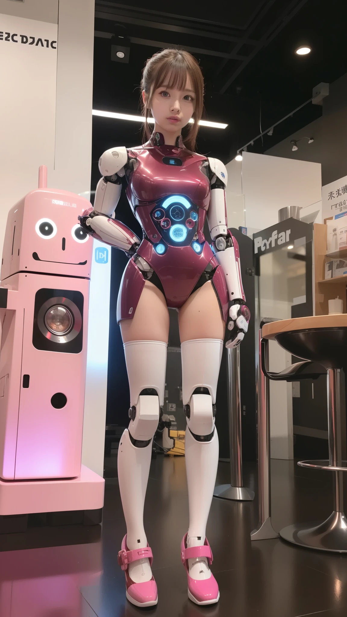 (Photorealsitic:1.4)、one robot woman、(top-quality)、(hyperdetailed face)、(Super well-formed face)、(Robot Parts)、(Female-Robot)、(25 years-old)、(Blue)、(pink there)、(Burgundy)、(metallic)、(full-body)、(sexy pose)、(Slender body)、(Model body type)、(full body mech)、(Akihabara)、(is looking at the camera)、(A brown-haired)、(Well-proportioned body)、(a small face)、(a small head)、(well-groomed fingers)、(Idol)、(front facing)、(Standing with legs open)、(Photo session)、(Looks sad)、(perfect-female-robot)、(perfect-mechanical-body)