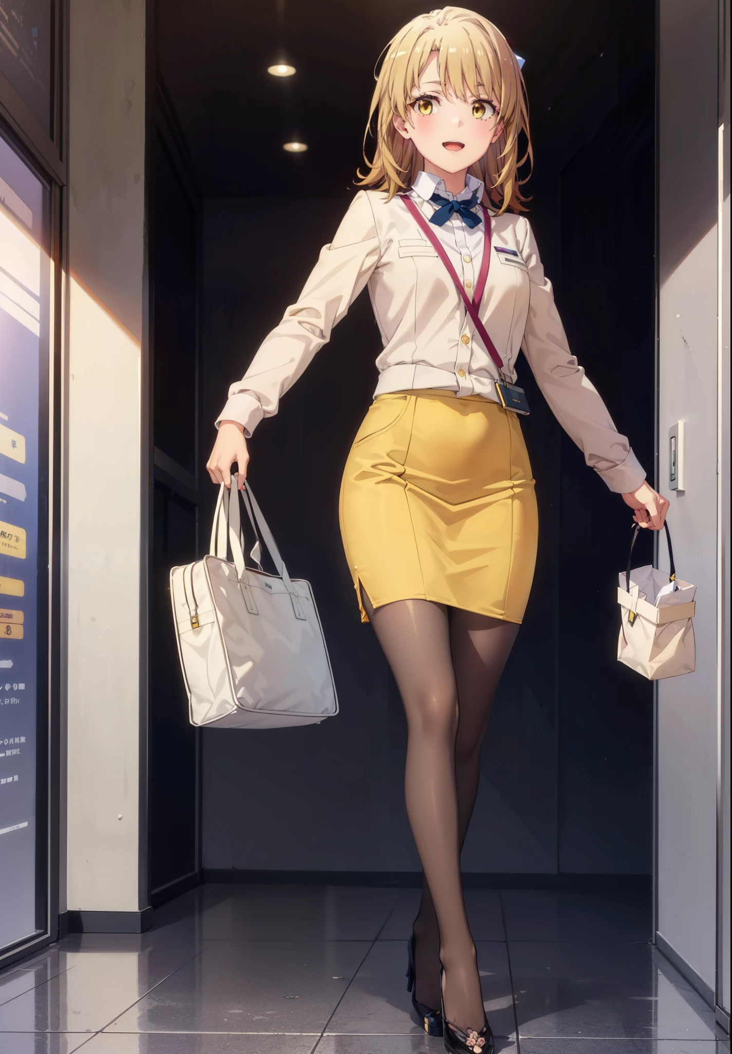 irohaisshiki, iroha isshiki, Long Hair, Brown Hair, (Brown eyes:1.5),stewardess,happy smile, smile, Open your mouth,Yellow Uniform,Yellow pencil skirt,Black pantyhose,Stiletto heels,Walking,whole bodyがイラストに入るように,
break indoors, 旅客機内
break looking at viewer,whole body,
break (masterpiece:1.2), highest quality, High resolution, unity 8k wallpaper, (figure:0.8), (Beautiful fine details:1.6), Highly detailed face, Perfect lighting, Highly detailed CG, (Perfect hands, Perfect Anatomy),