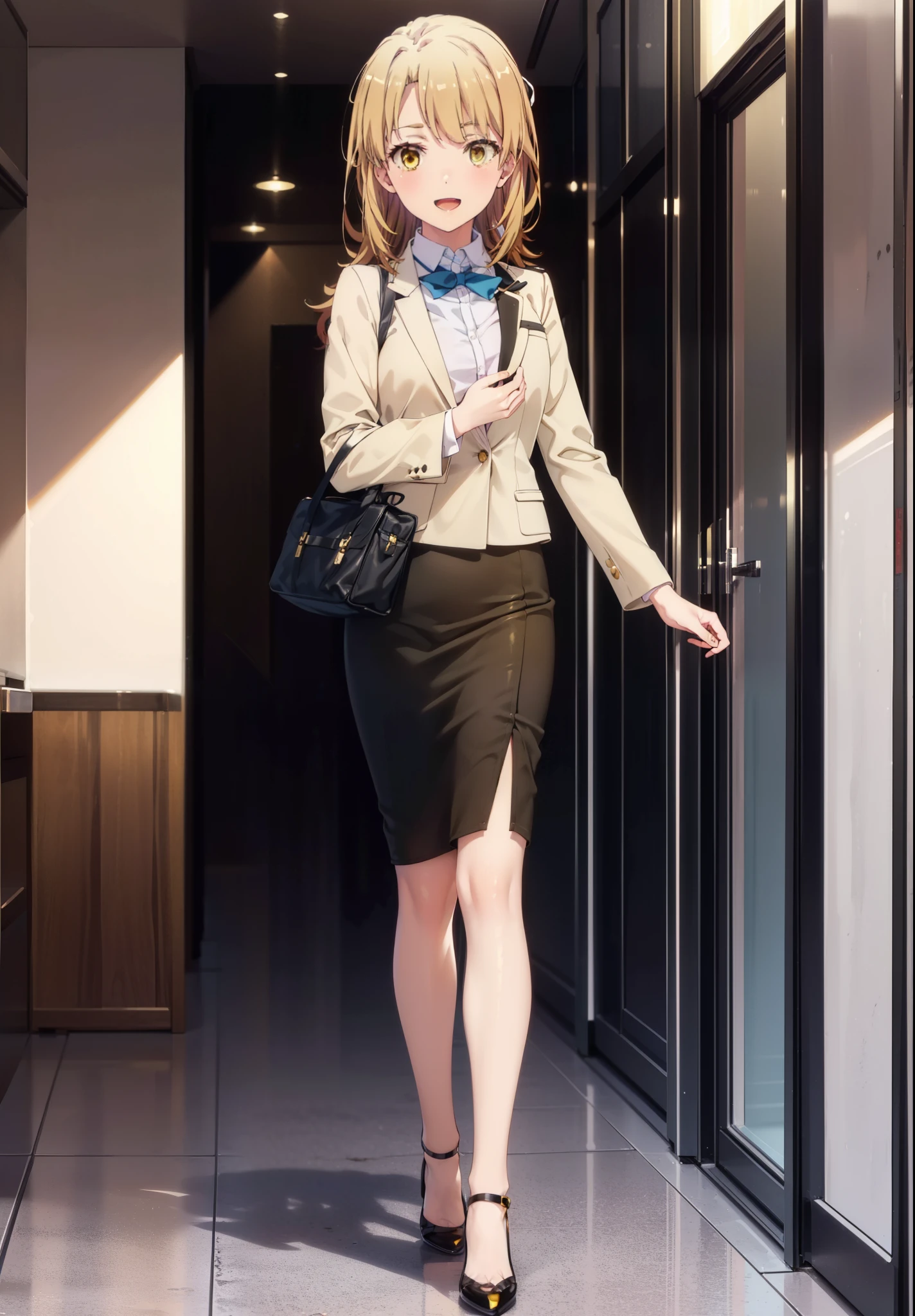 irohaisshiki, iroha isshiki, Long Hair, Brown Hair, (Brown eyes:1.5),stewardess,happy smile, smile, Open your mouth,Yellow Uniform,Yellow pencil skirt,Black pantyhose,Stiletto heels,Walking,whole bodyがイラストに入るように,
break indoors, 旅客機内
break looking at viewer,whole body,
break (masterpiece:1.2), highest quality, High resolution, unity 8k wallpaper, (figure:0.8), (Beautiful fine details:1.6), Highly detailed face, Perfect lighting, Highly detailed CG, (Perfect hands, Perfect Anatomy),