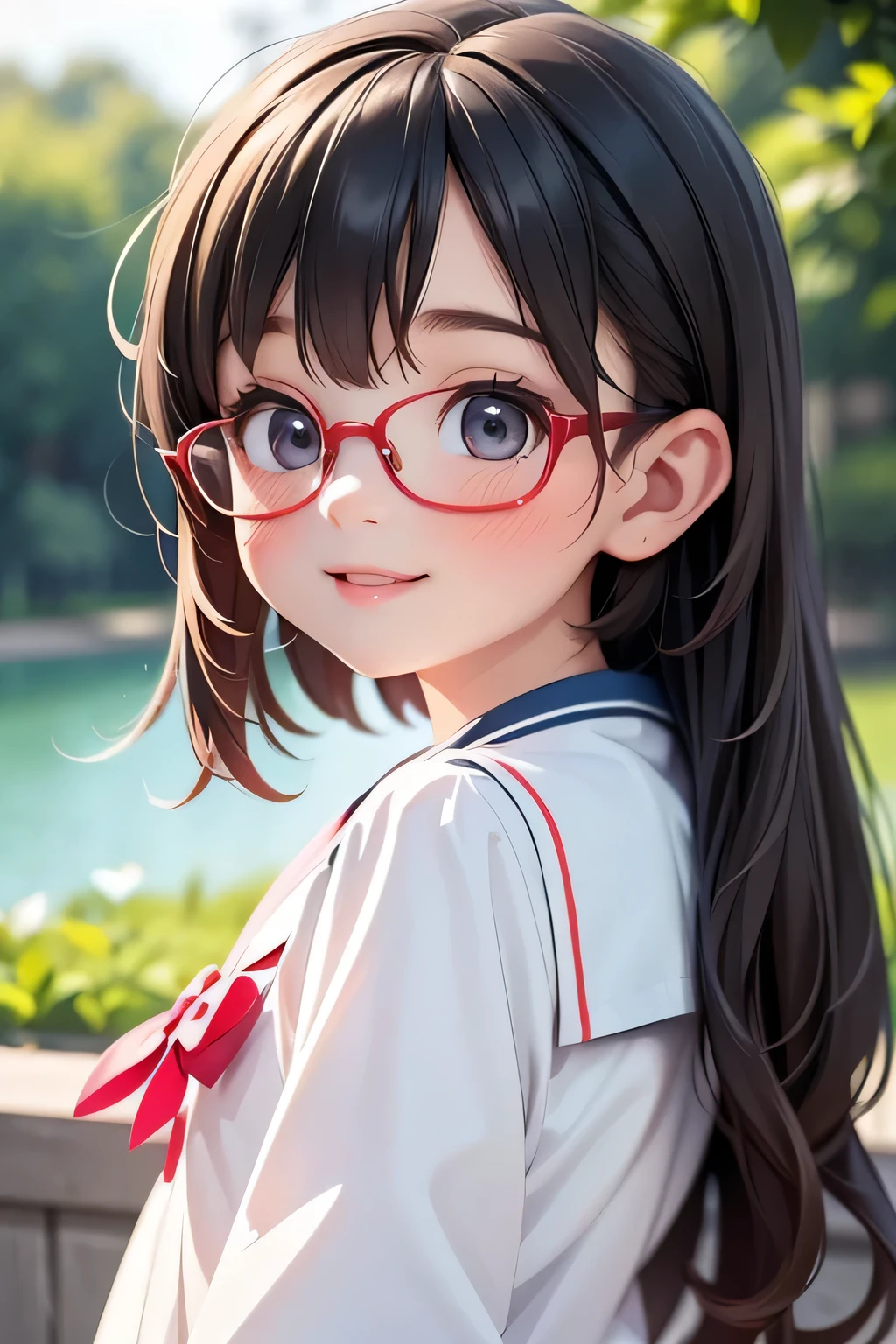 highest quality、High resolution、Detailed Background、(Beautiful face in every detail:1.4)、Anatomically correct、Cute hair colour、Teenage Girl、Glasses、Sailor suit、classroom、(A girl looking back from directly below.4)、Cute gestures、A big smile