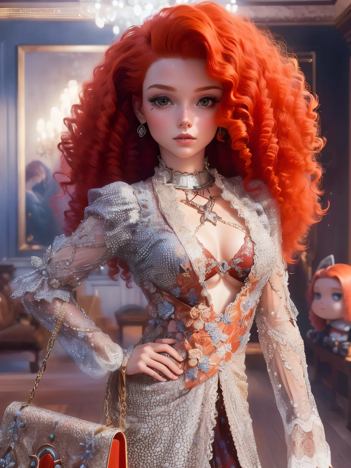 a closeup of a realistic redhead doll, humana, y un bolso, diosa pelirroja, Portrait of Princess Merida, ella tiene el pelo largo y renaranjado, pixar doll deep focus, with Pelo rizado pelirrojo, Piel de naranja y pelo largo y ardiente., by Andrée Ruellan, The Mekanik doll, Pelo rizado pelirrojo, pelo ondulado de jengibre, pelo rojo rizado