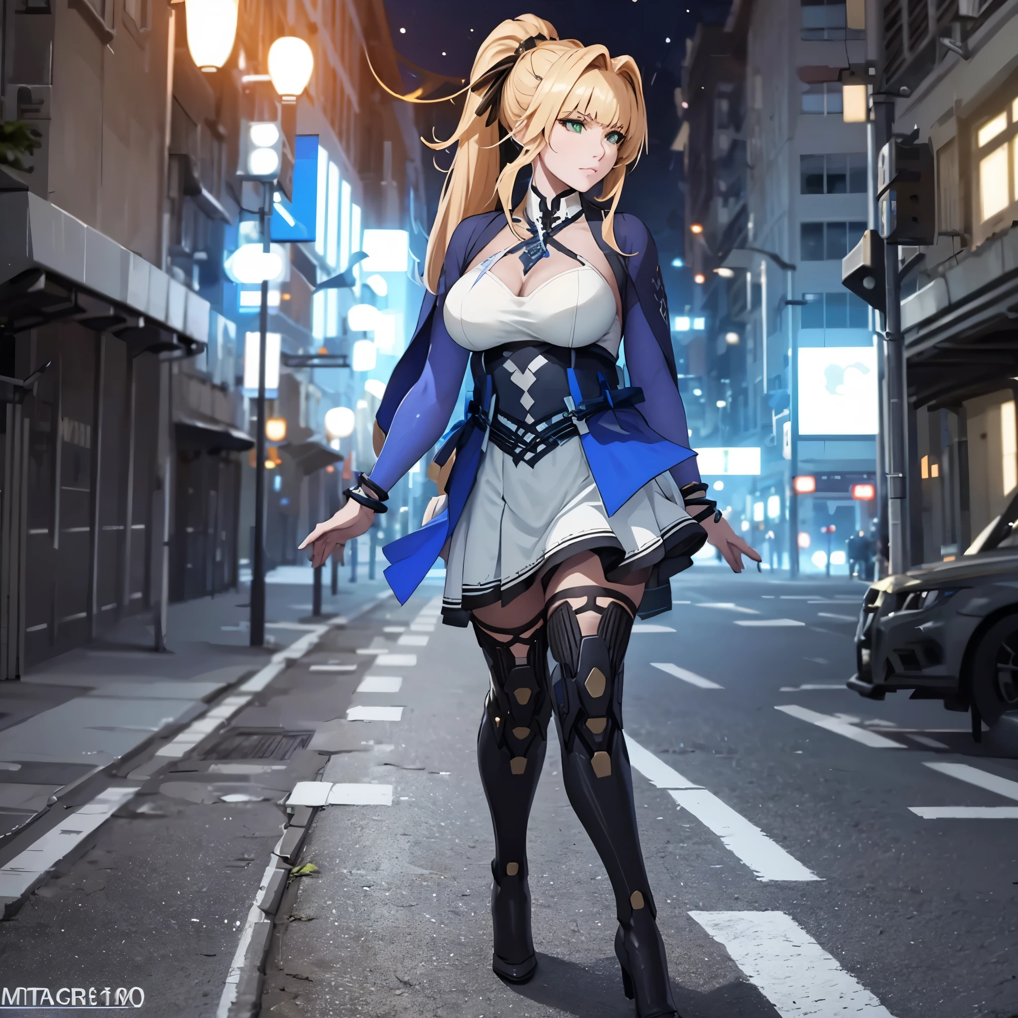 A woman wearing an open long-sleeved blue coat, white shirt, blue skirt, black tights, metal boots, big breasts, green eyes, long blonde hair, ponytail hair, metal bracelet, walking on a concrete sidewalk with the place in ruins, blurred background, background explosion.(solo woman),flower, UHD, masterpiece, accurate, anatomically correct, textured skin, super detail, high quality, best quality, 8k, high resolution, bokeh effect.
