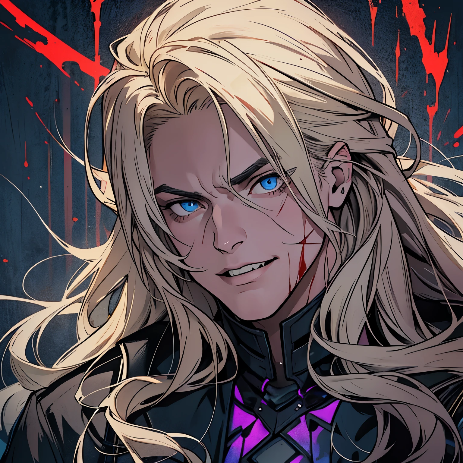 (masculine), (horrifying,shocking),blood-spattered man, male covered in blood,long flowing blond hair, , ((paled skin)) ,expressive eyes,dramatic lighting,gritty and intense,horror portrait,violent,splattered blood,dark and haunting background,close-up of face and body,bloody handprints,terrifying aura,macabre,vivid colors,high contrast, blue eyes, bloddy, masacre, androgynous, perfect face, evil smile, insane, crazy, Black coat, black suit, one young male, beautiful long hair, blond hair, blue eyes, purple victorian shirt, purple jabot, beautiful face, highest quality, wild fighting stance, blood everywhere