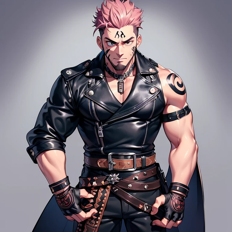 (masterpiece, best quality:1.2), cowboy shot, 1boy, sukuna, leather fingerless gloves, tattoo_on_his_face, manly, full body, biker, pink hair, intricate details, utra detailed, black leather, muscular mature male, eye focus, biker jacket, anatomically correct,
