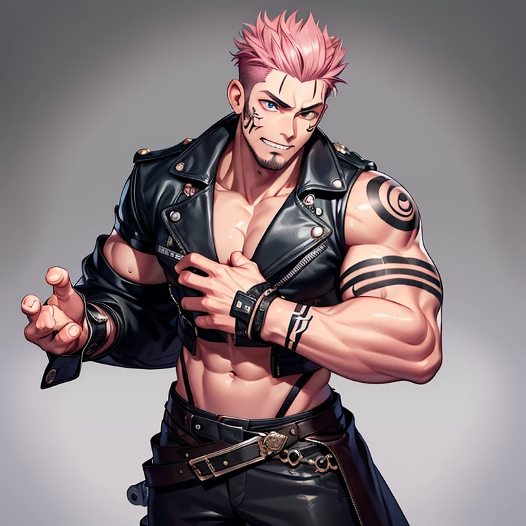 (masterpiece, best quality:1.2), cowboy shot, 1boy, sukuna, leather fingerless gloves, tattoo_on_his_face, manly, full body, biker, pink hair, intricate details, utra detailed, black leather, muscular mature male, eye focus, biker jacket, anatomically correct,