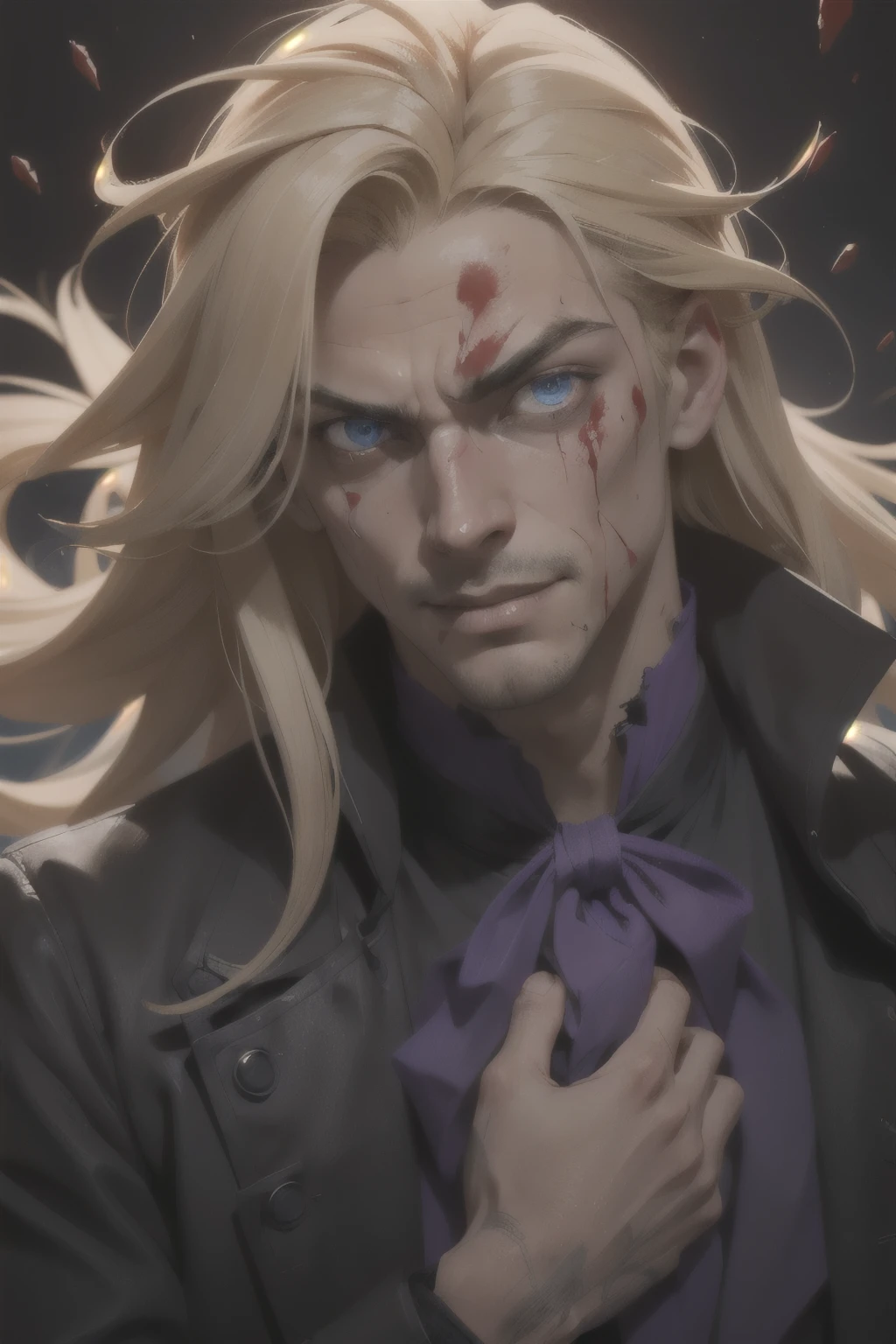 (masculine), (horrifying,shocking),blood-spattered man, male covered in blood,long flowing blond hair, , ((paled skin)) ,expressive eyes,dramatic lighting,gritty and intense,horror portrait,violent,splattered blood,dark and haunting background,close-up of face and body,bloody handprints,terrifying aura,macabre,vivid colors,high contrast, blue eyes, bloddy, masacre, androgynous, perfect face, evil smile, insane, crazy, Black coat, black suit, one young male, beautiful long hair, blond hair, blue eyes, purple victorian shirt, purple jabot, beautiful face, highest quality, wild fighting stance, blood everywhere