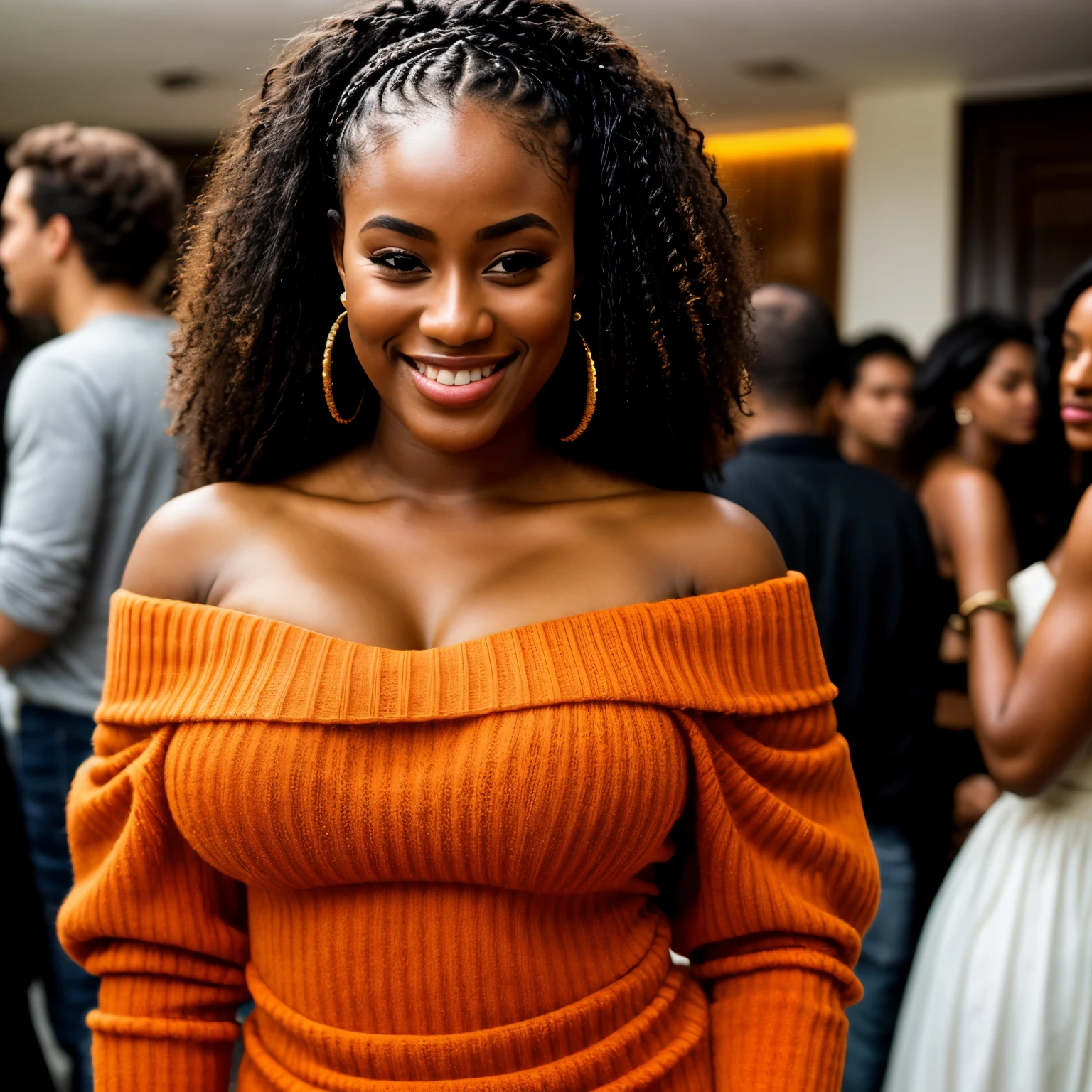 ((best quality)), ((masterpiece)), (detailed), 1girl, off-shoulder sweater, best quality, ultra-detailed, hyper realistic, 23 years old, Nigerian beautiful girl, dark black skin, highly detailed skin with blemishes, ebony, afro braided hair, fit athletic figure, full body, huge large breasts, wearing sexy orange see through dress, smiling, sexy pose, in a crowded party as background