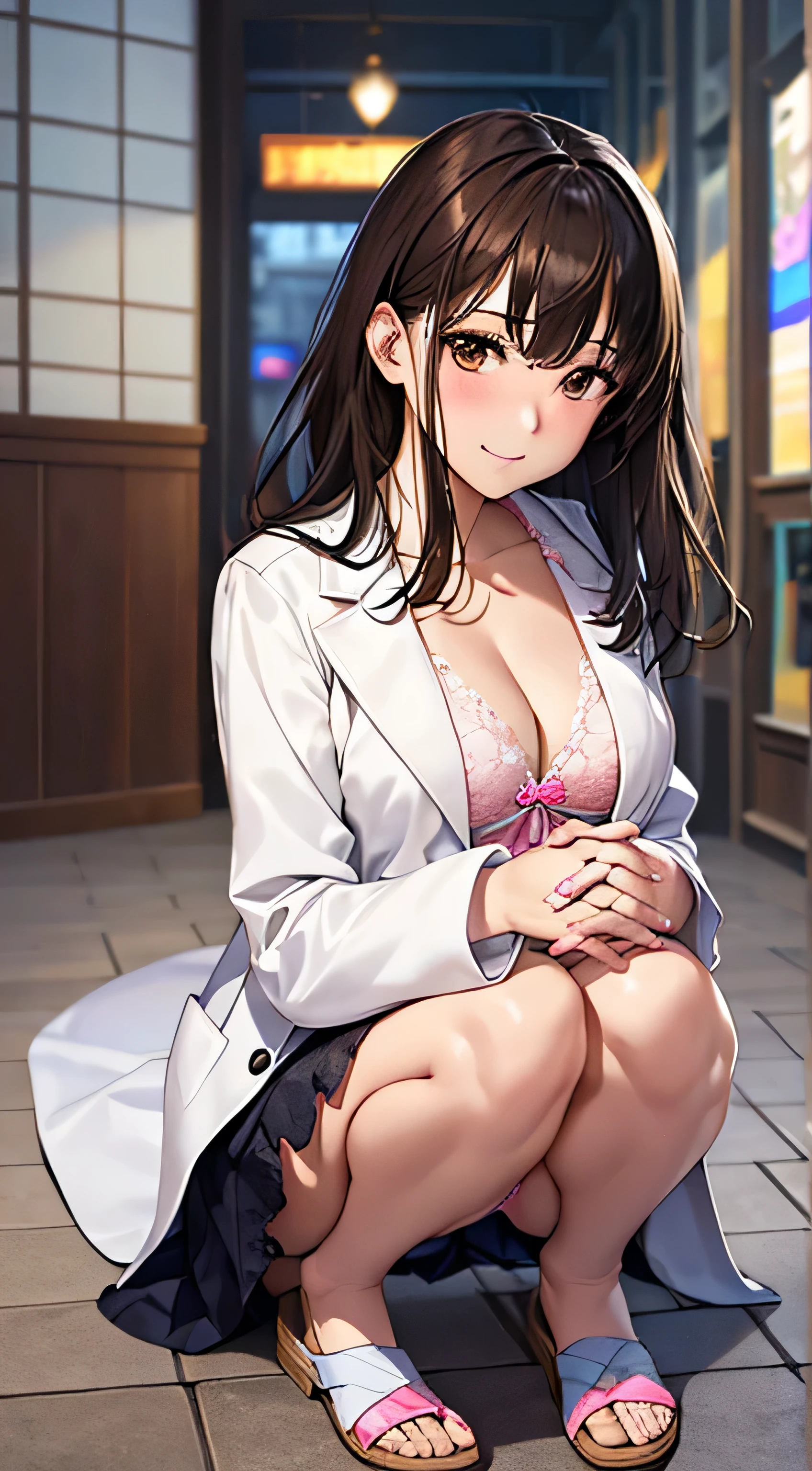 ((Tabletop, highest quality, High resolution, , Pixel Perfect, 4K,))), 1 female teacher, single, alone, beauty、The whole body is visible、 ((Mid-wave hair, bangs, Brown Hair)), ((Brown eyes, Beautiful eyelashes, Realistic eyes)), ((Detailed face, Blushing:1.2)), ((Smooth texture:0.75, Realistic texture:0.65, Realistic:1.1, Anime CG Style)), Center of chest, Dynamic Angle, Perfect body, (( , , Wearing a white coat、Female doctor、、,Bring your arms together、))、、Very embarrassing panic smile, 、black flared skirt、classroom、Sitting on the floor、Get on one knee、、Lifting her skirt to show her panties、、(Showing off her white and pink floral lace panties、)、Angle from below)、