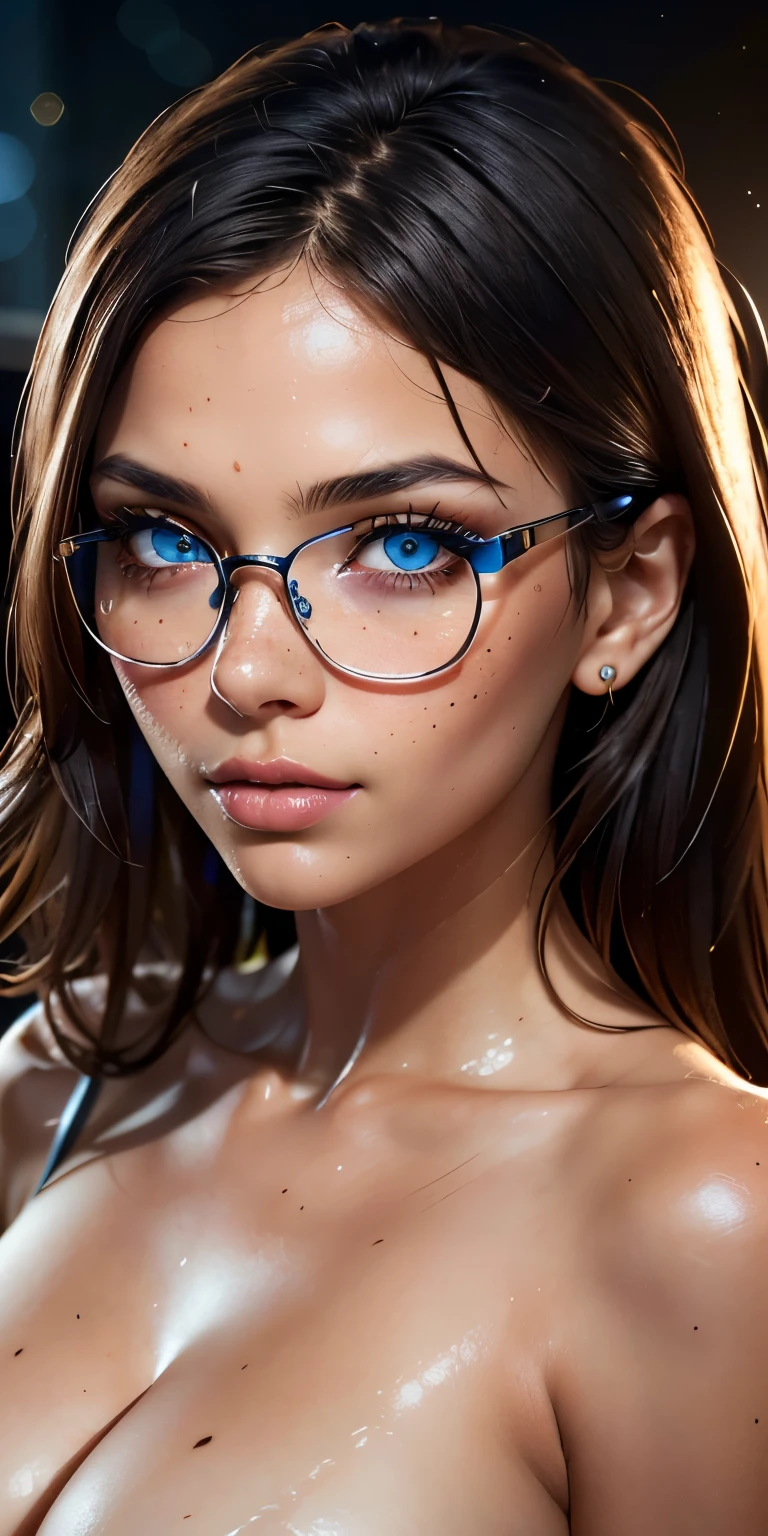 (UHD, retina, masterpiece, accurate, anatomically correct, textured skin, super detail, high details, high quality, best quality, high res, 1080P, HD, 4K, 8k, 16k), (beautiful detailed blue eyes, beautiful detailed lips, extremely detailed eyes and face), studio lighting, physically-based rendering, vivid colors, (large sexy breasts, glamorous body), (see through dress), (portrait, side cut, shiny hair, shiny skin, blush), (bokeh), eye reflection,, dark atmosphere, highly detailed skin texture, extreme details, perfect breast, dark tanned skin, freckles,, ultra detailed skin texture, soft lights,pale skin, glasses
